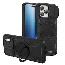Dteck - For Apple iPhone 18 Pro Rugged Case with Camera Sliding Lens Cover, Heavy Duty Shockproof Magnetic Ring Stand Cover - Black