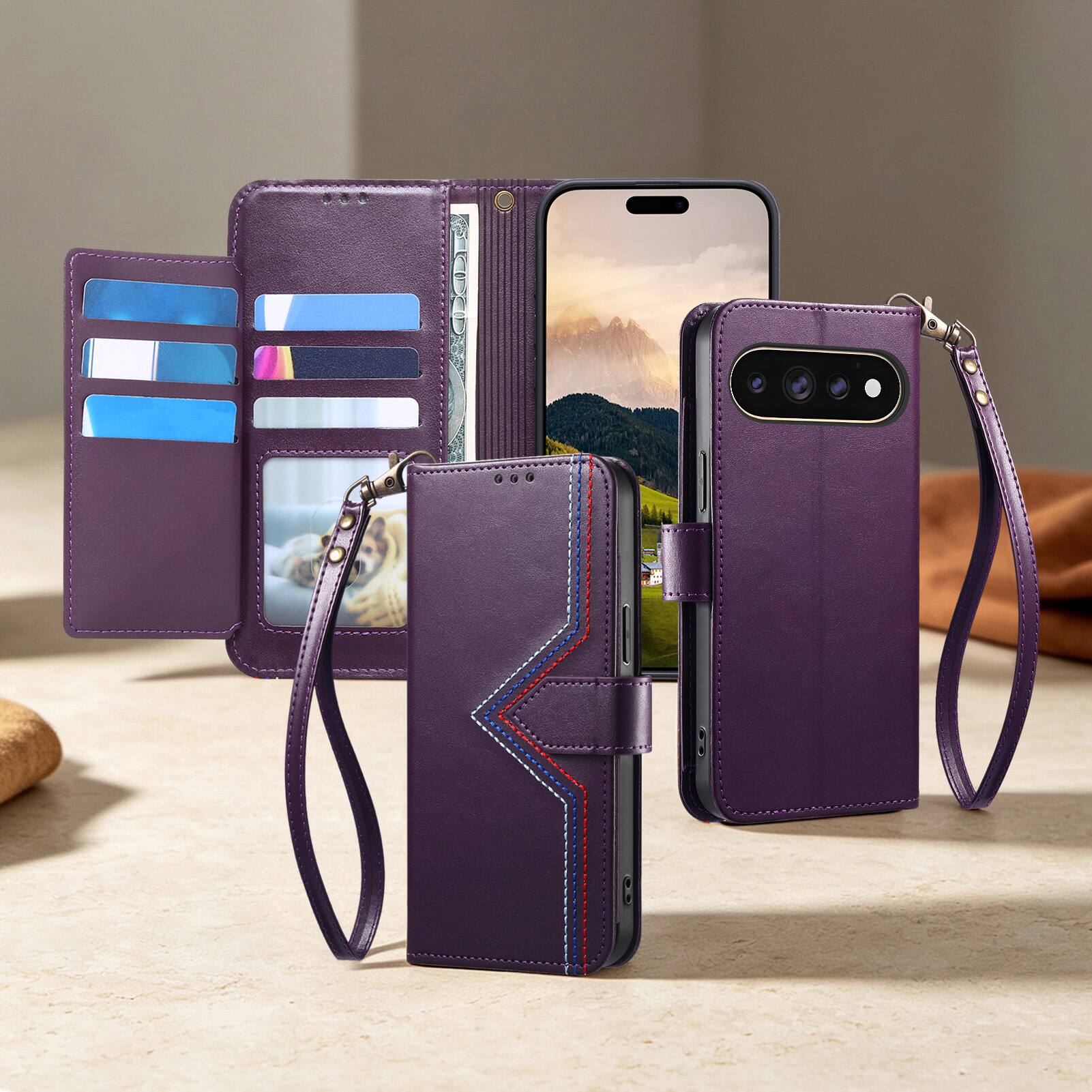 Alt View 2. Dteck - Wallet Phone Case for Google Pixel 11 Pro XL with Wrist Strap, Slim Shockproof Leather Kickstand Folio Protective Cover - Purple.