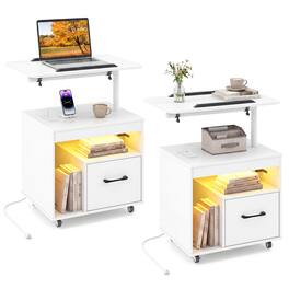 Costway - 2 PCS LED Nightstand with Power Outlets, Modern Bedside Table with Flip over - White