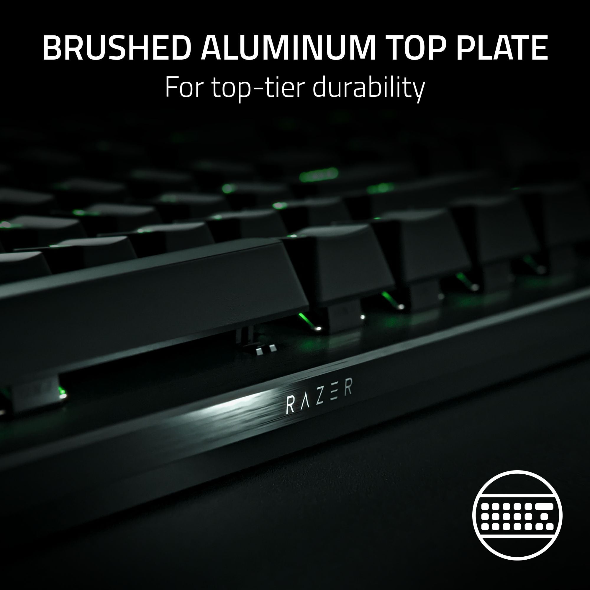 The text on the image reads "Brushed Aluminum Top Plate For top-tier durability RAZER."