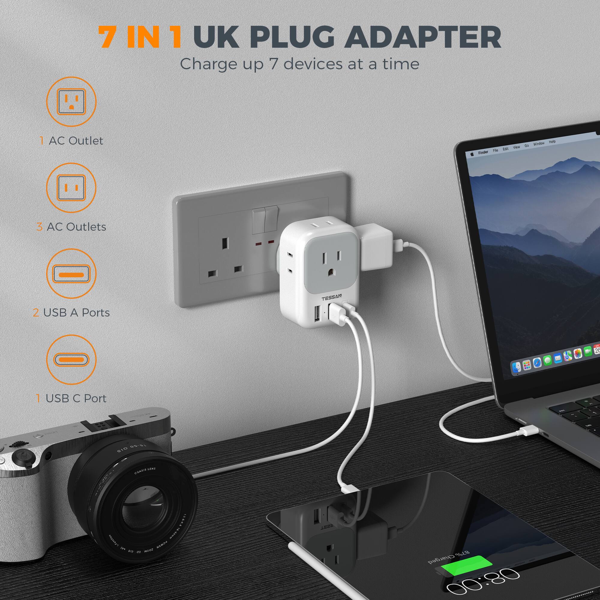 7 IN 1 UK PLUG ADAPTER  
Charge up 7 devices at a time

1 AC Outlet  
3 AC Outlets  
2 USB A Ports  
1 USB C Port

TESSAN

10%  
15.50 310  
COANT  
LAVAVING 24 2019 PUSER ou 12  
....  
REST  
87% Charged 00:80
