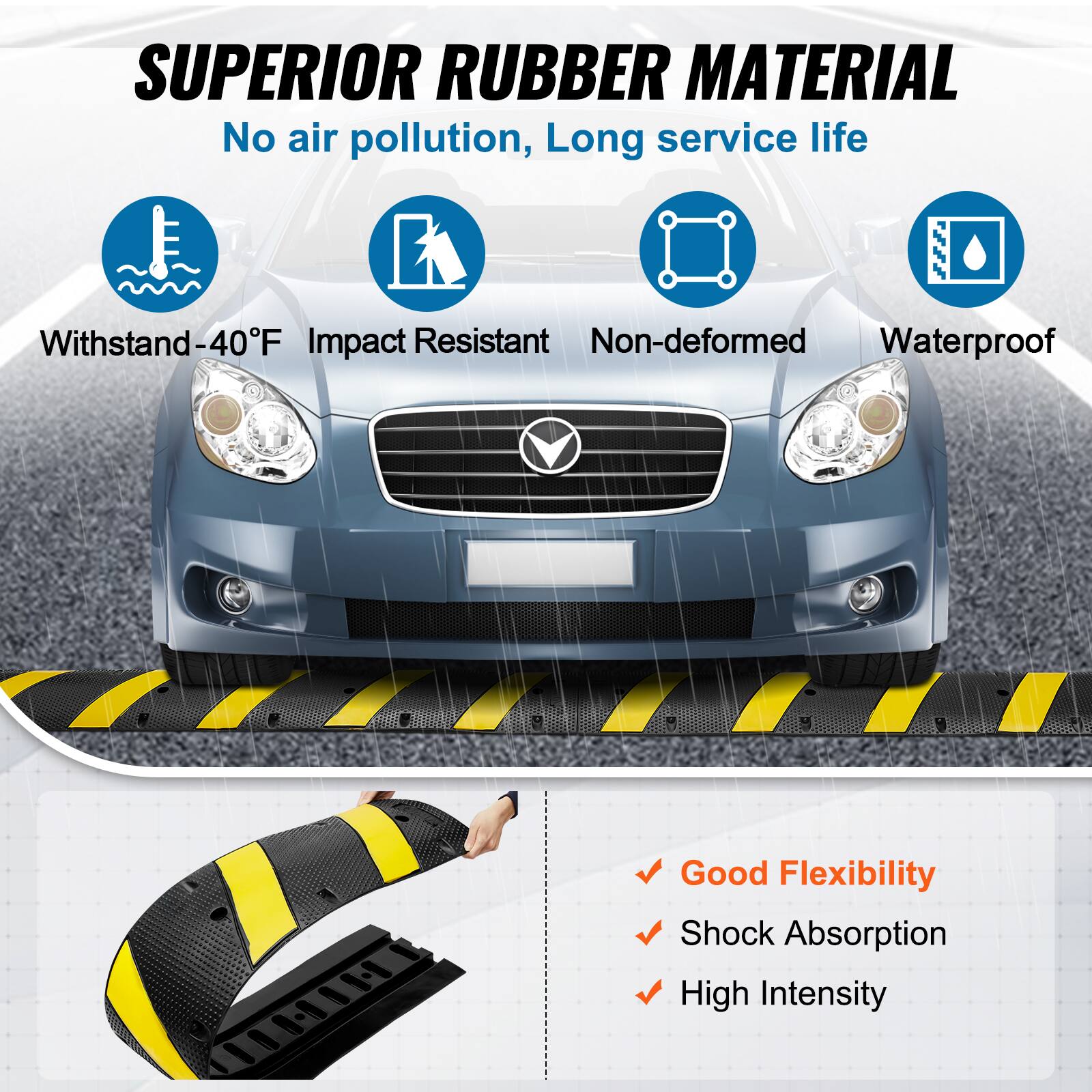 SUPERIOR RUBBER MATERIAL
No air pollution, Long service life
Withstand-40F
Impact Resistant
Non-deformed
Waterproof
Good Flexibility
Shock Absorption
High Intensity