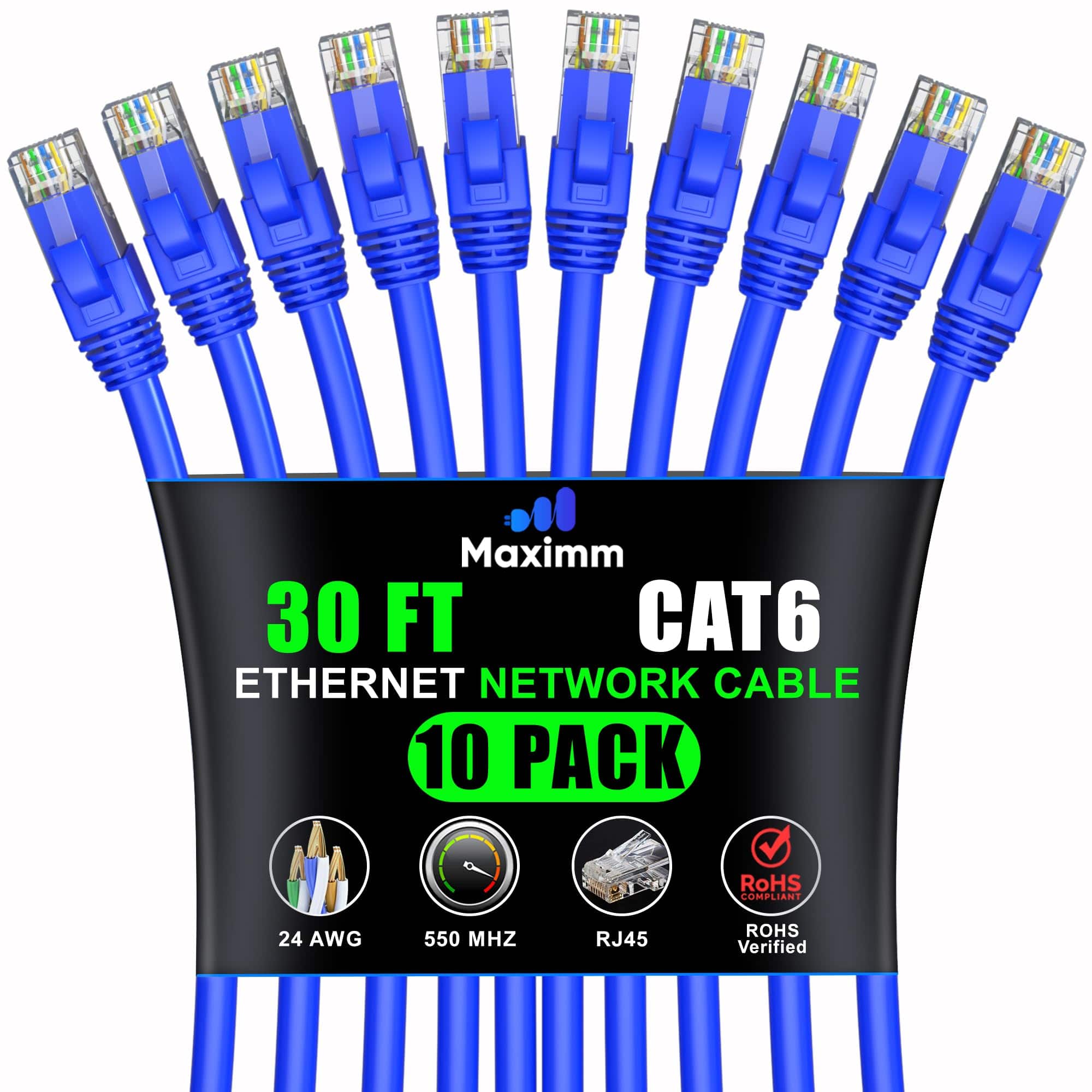 Maximm - Cat 6 Ethernet Cable 30 ft (10-Pack) - UTP, 10Gbps, 550MHz