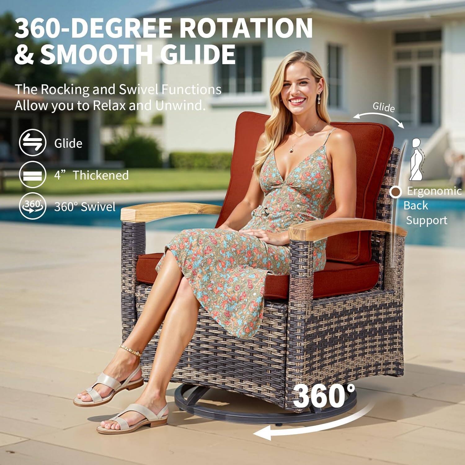 360-DEGREE ROTATION & SMOOTH GLIDE  
The Rocking and Swivel Functions Allow you to Relax and Unwind.  

- Glide  
- 4" Thickened  
- 360° Swivel  
- Ergonomic Back Support