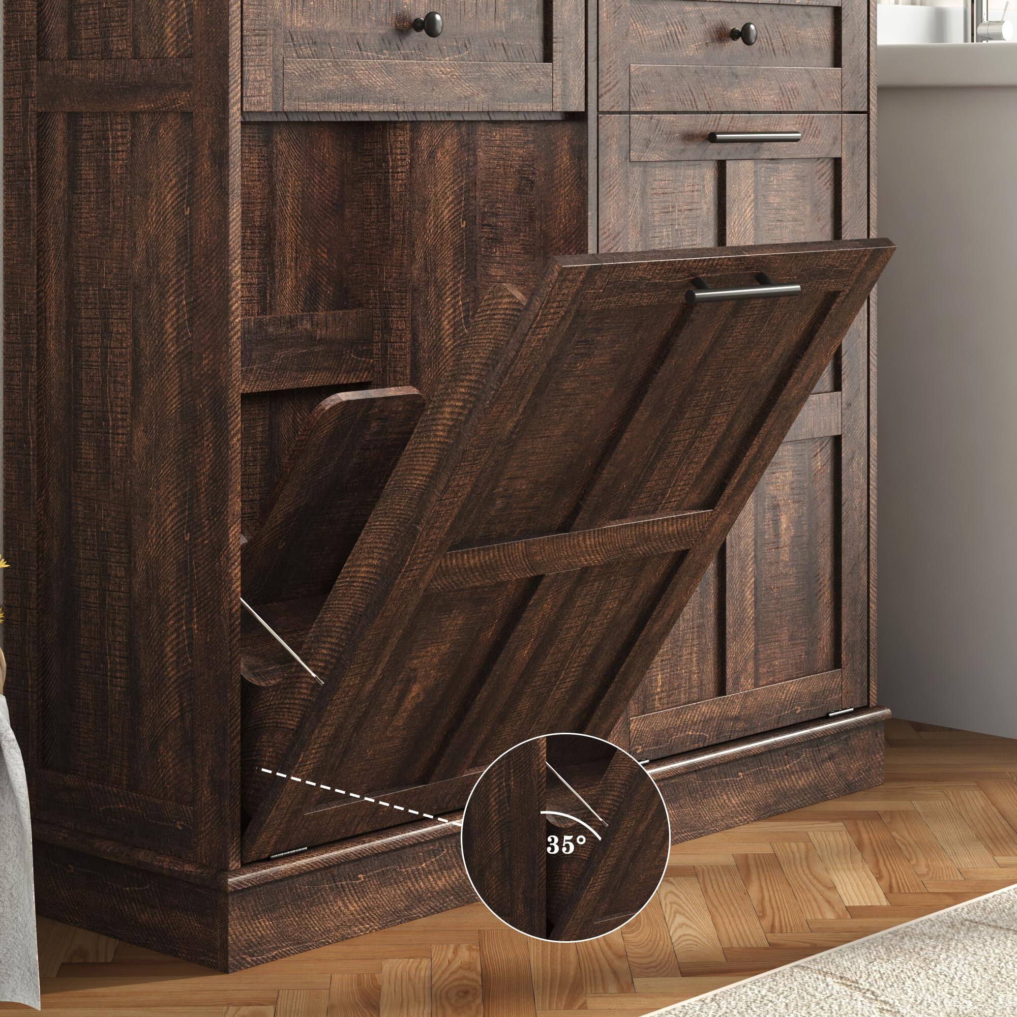 Alt View 4. Espafurni - 20Gallon Double Trash Can Cabinet - Farmhouse Wood, Drawers, Tilt - Out Laundry Hamper - Brown.