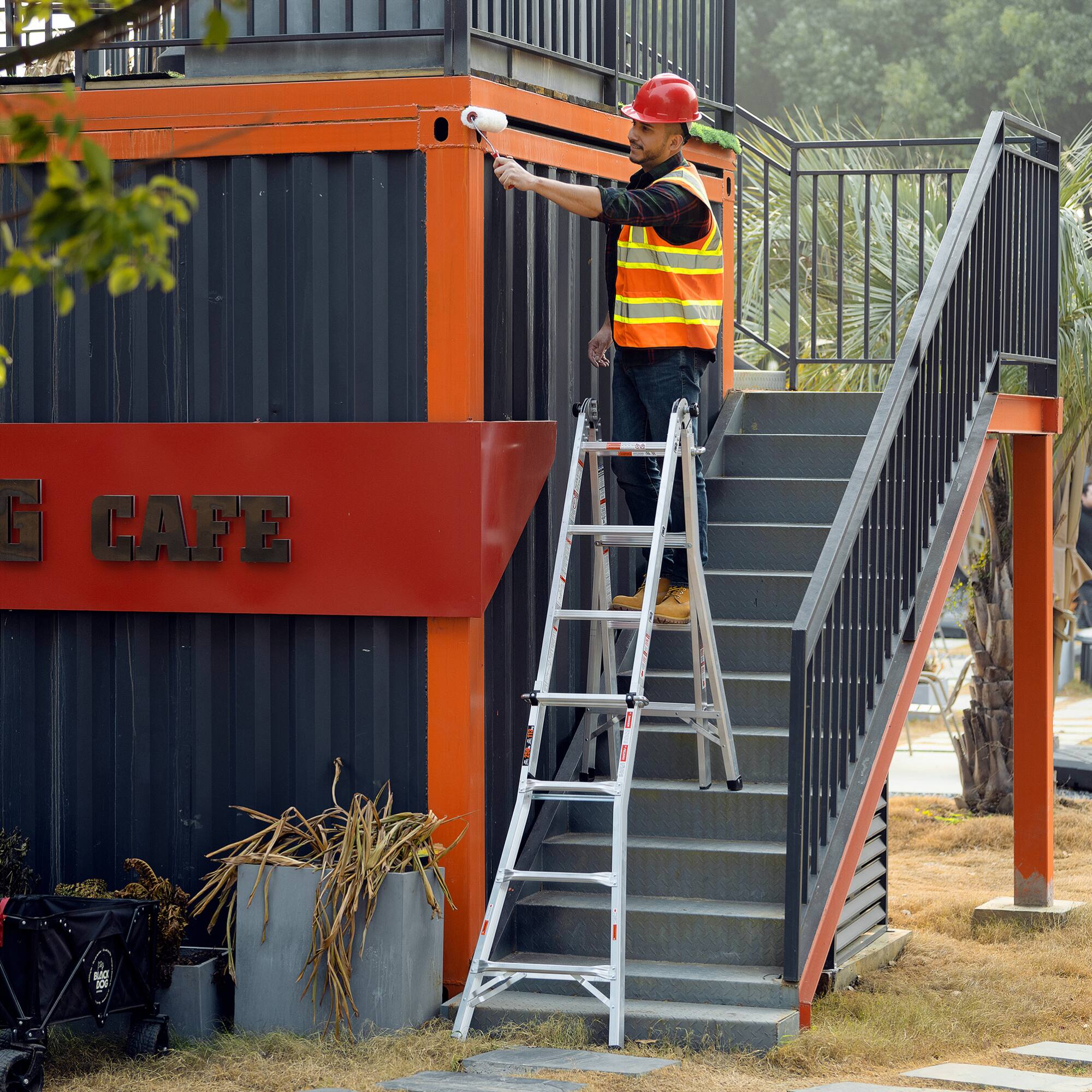 Angle. ELEMENT ACE - 17-Foot Multi-Position Foldable Ladder with A-Frame and Straight Configurations, Heavy-Duty ANSI Certified - Grey.