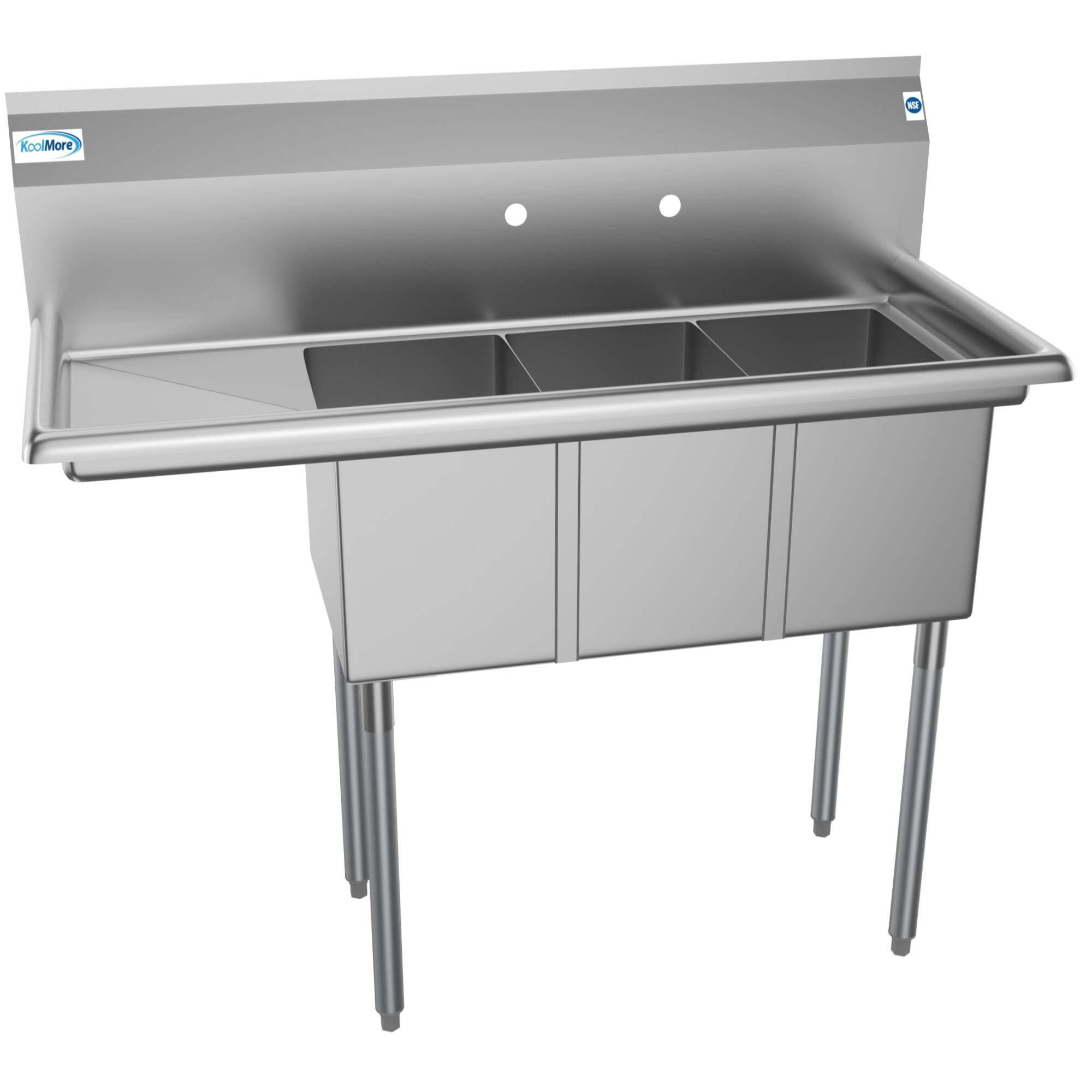 Alt View 1. Koolmore - 45 in. Three Compartment Stainless Steel  Sink with Drainboard, Bowl Size 10"x 14"x 10" SC101410-12L3. - Stainless Steel.