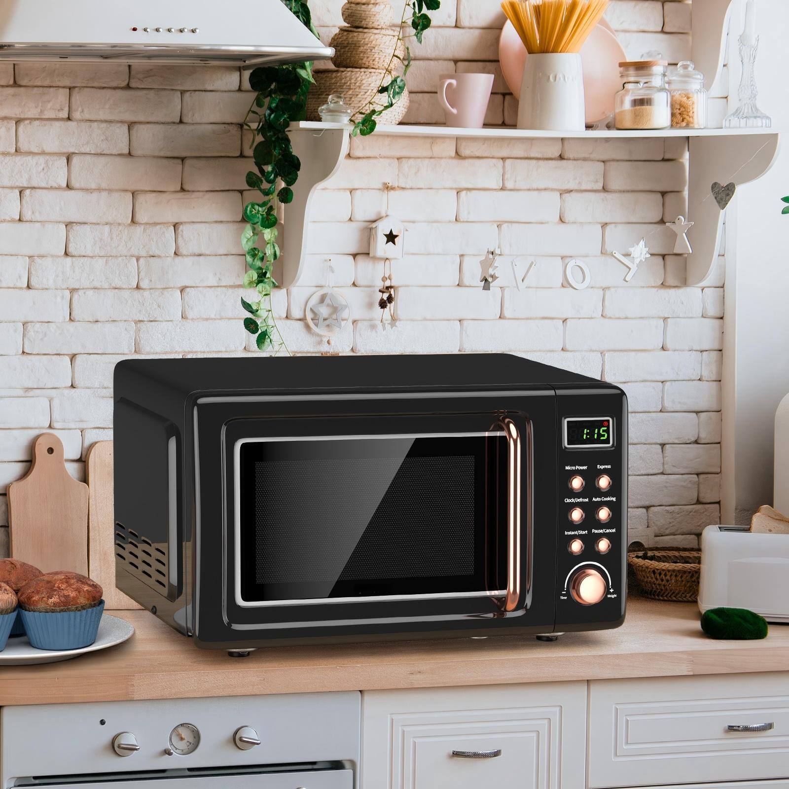 Alt View 1. Ecooso - 0.9 Cu. Ft. Retro Countertop Microwave, 5 Power Levels, Auto Cook Presets, Compact Microwave for Kitchen - Black.