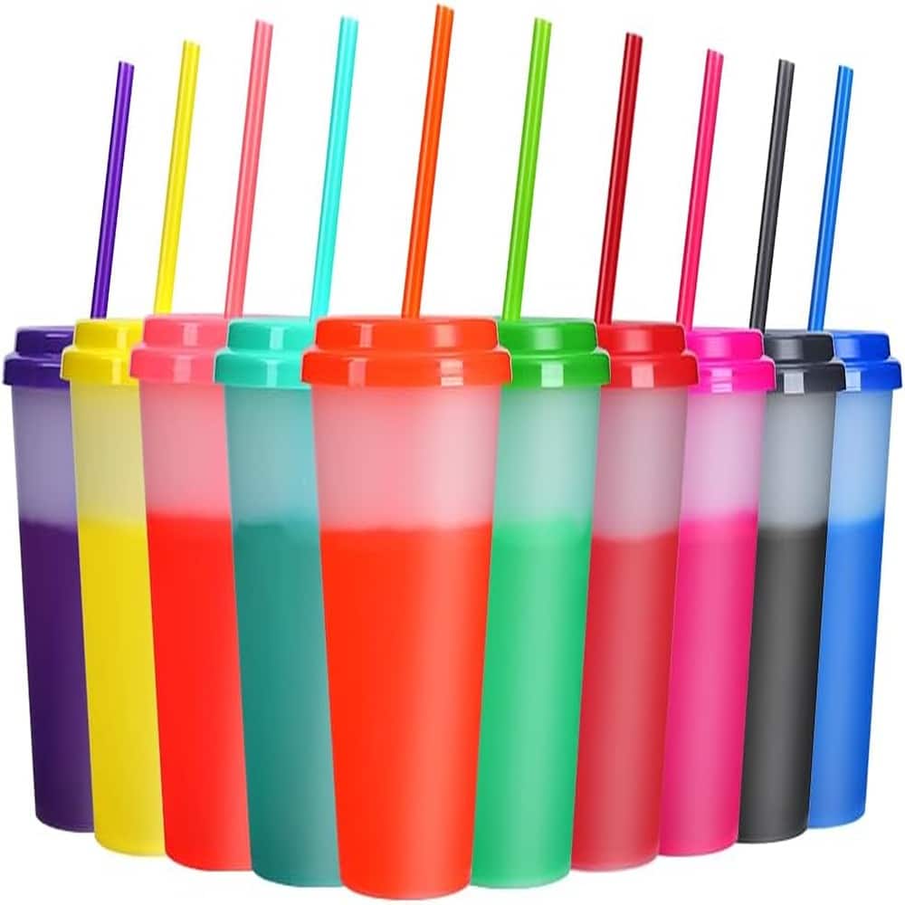 Color Changing Cups with Lids & Straws - 10Pack 12oz Reusable Bulk Plastic Cold - Multicolor