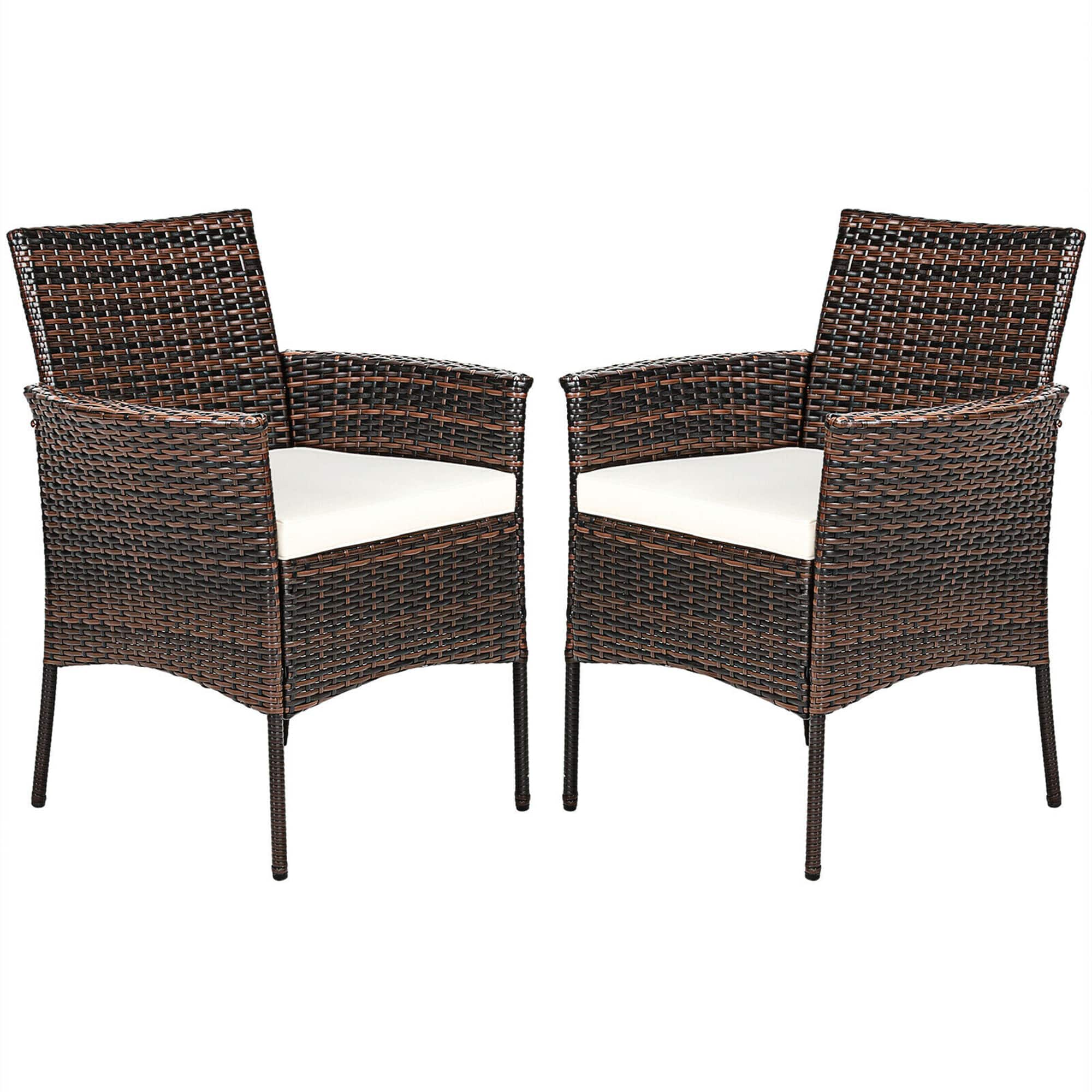 Costway - Patio 2PCS Rattan Arm Dining Chair Cushioned Sofa Furniture - Brown,White