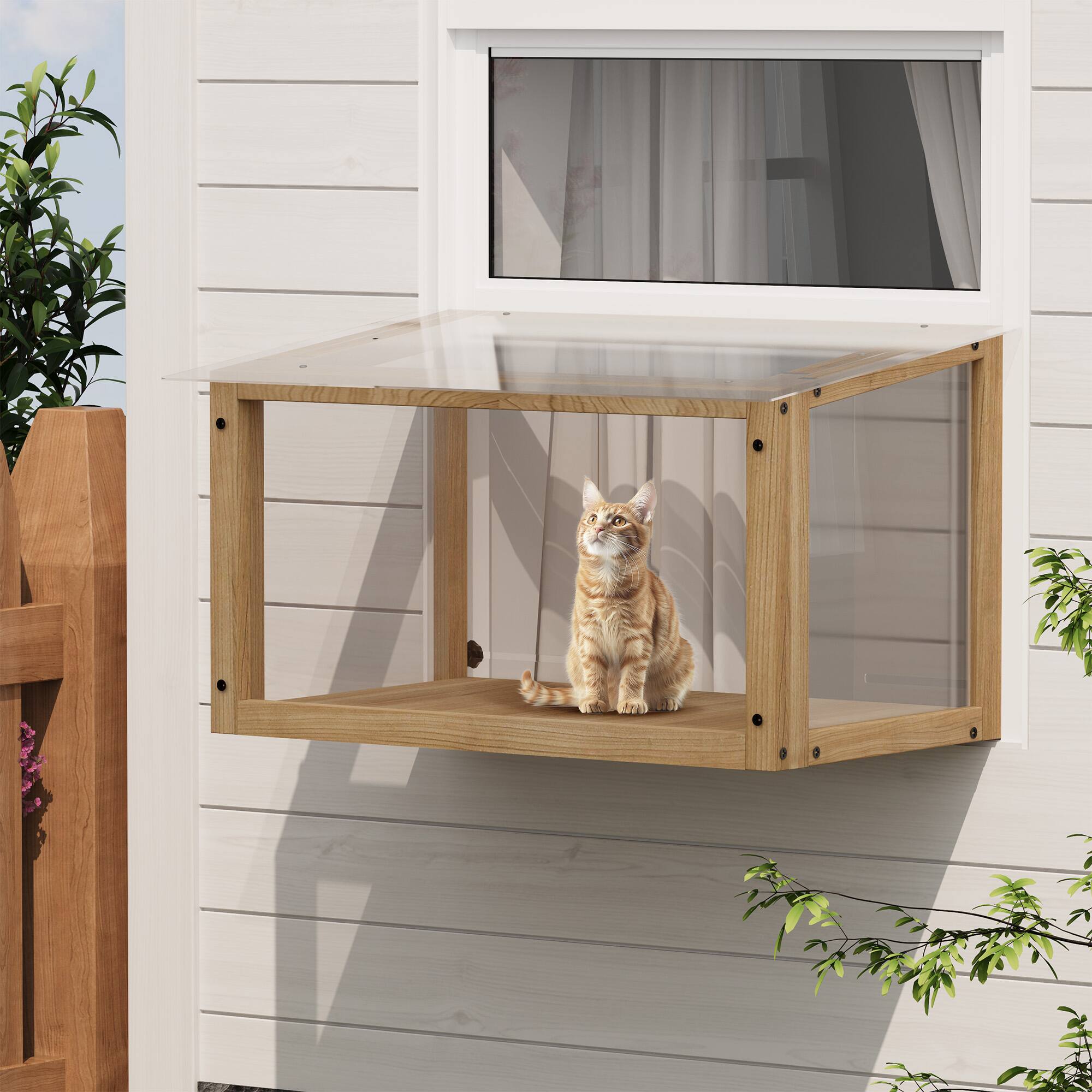 Left. Dexmalle - Dexmalle-24-35W in Window,Waterproof Window Cat Perch Catio-Natural Wood.