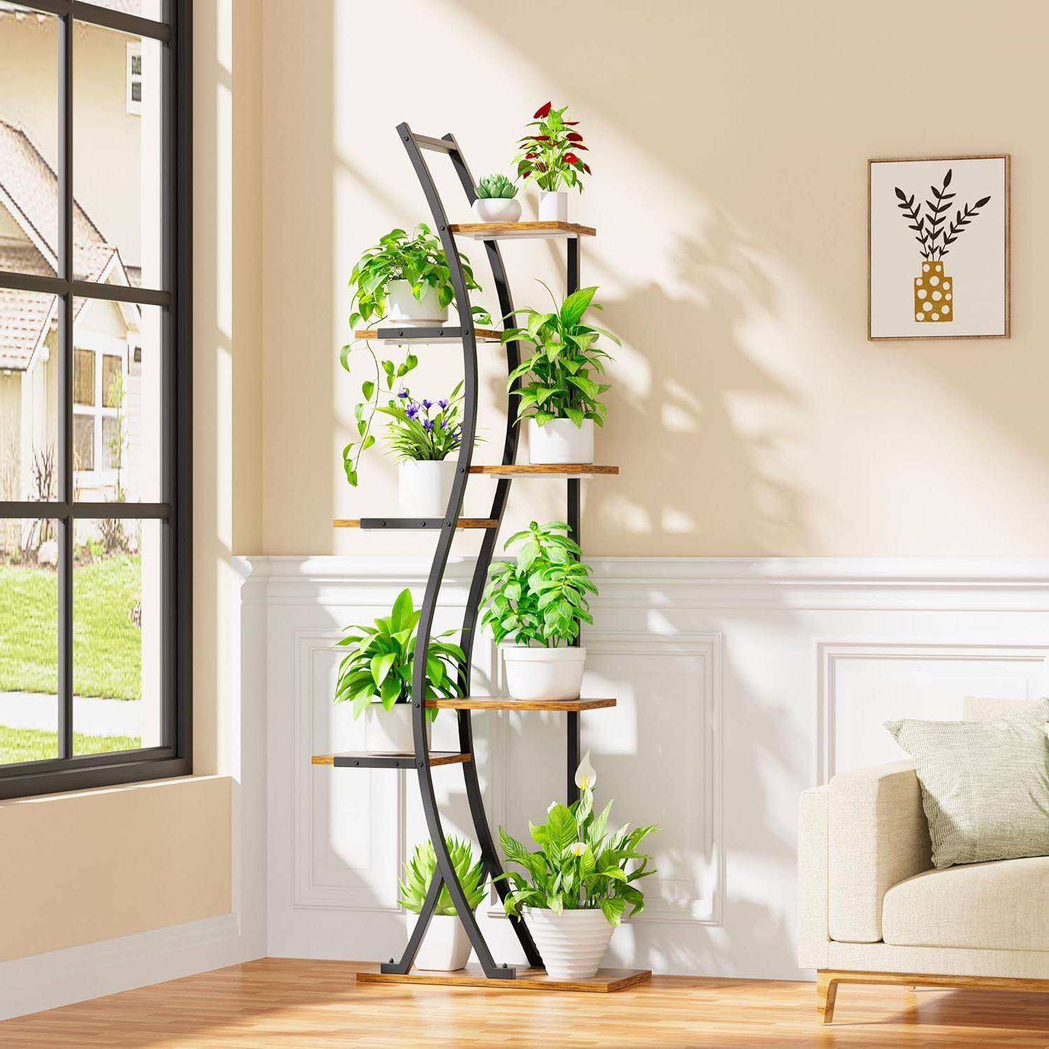 Front. SlickBlue - Indoor Plant Stand with Metal Frame – Elegant Wood Finish Shelves for Home Organization - Black.