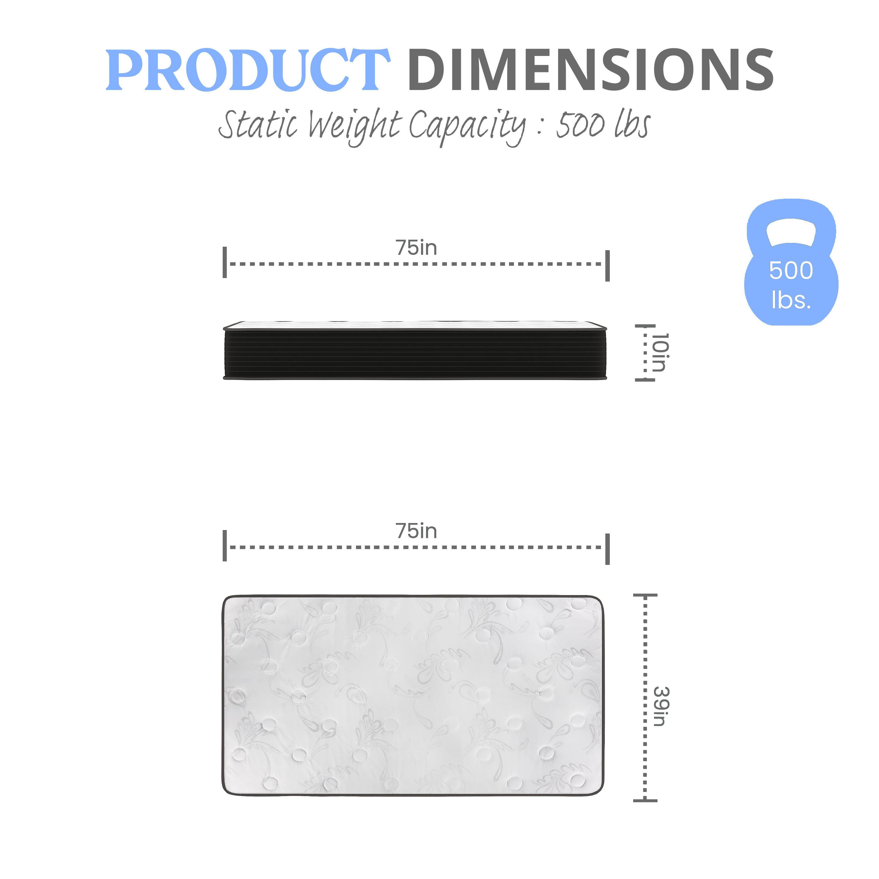 PRODUCT DIMENSIONS  
Static Weight Capacity: 500 lbs  

75in x 10in  
75in x 39in