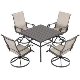 Nuu Garden - Patio 5 Pieces Textilene Dining Set with Swivel Design, Umbrella Hole - Beige and Gray
