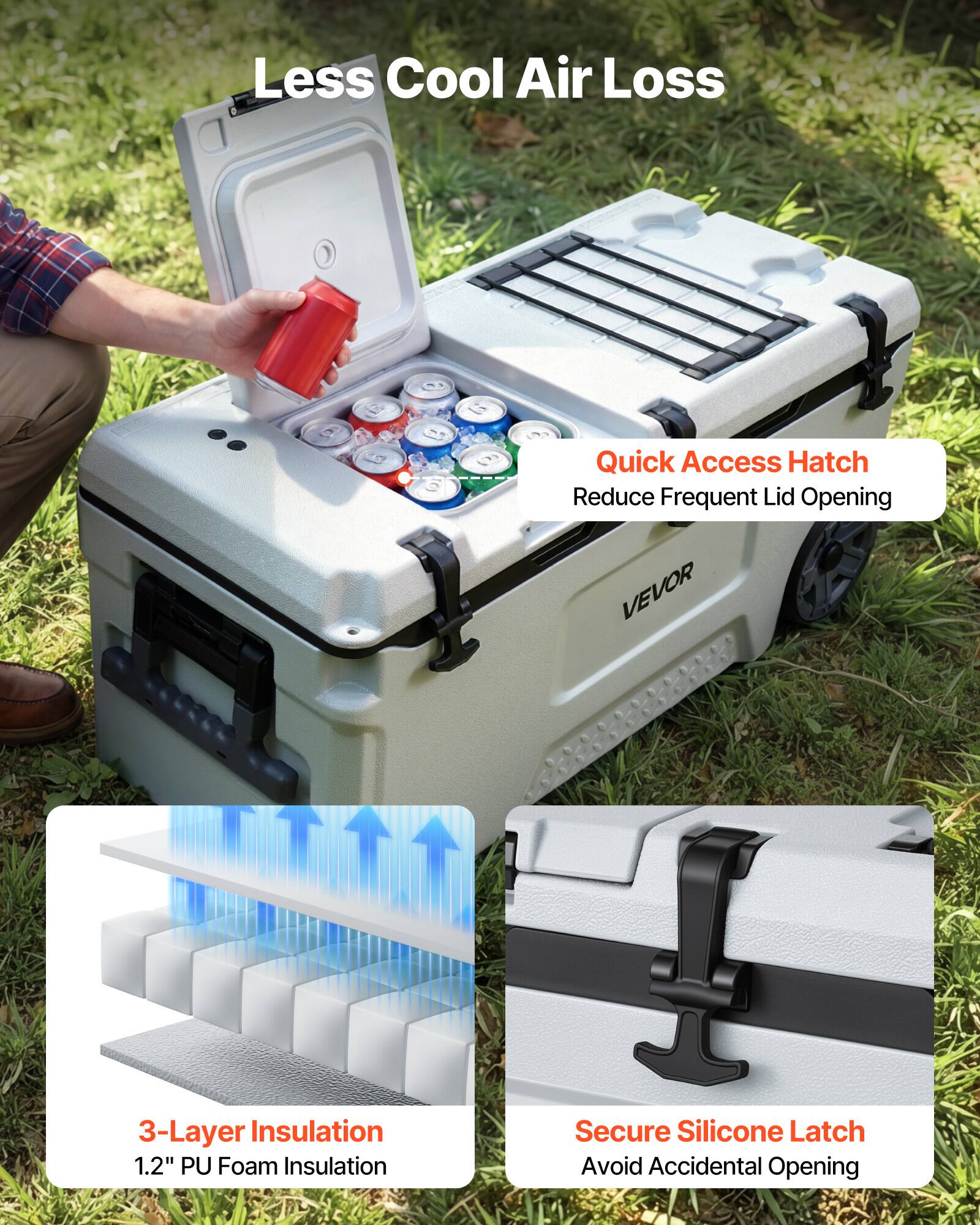 Less Cool Air Loss

Quick Access Hatch
Reduce Frequent Lid Opening

VEVOR

3-Layer Insulation
1.2" PU Foam Insulation

Secure Silicone Latch
Avoid Accidental Opening