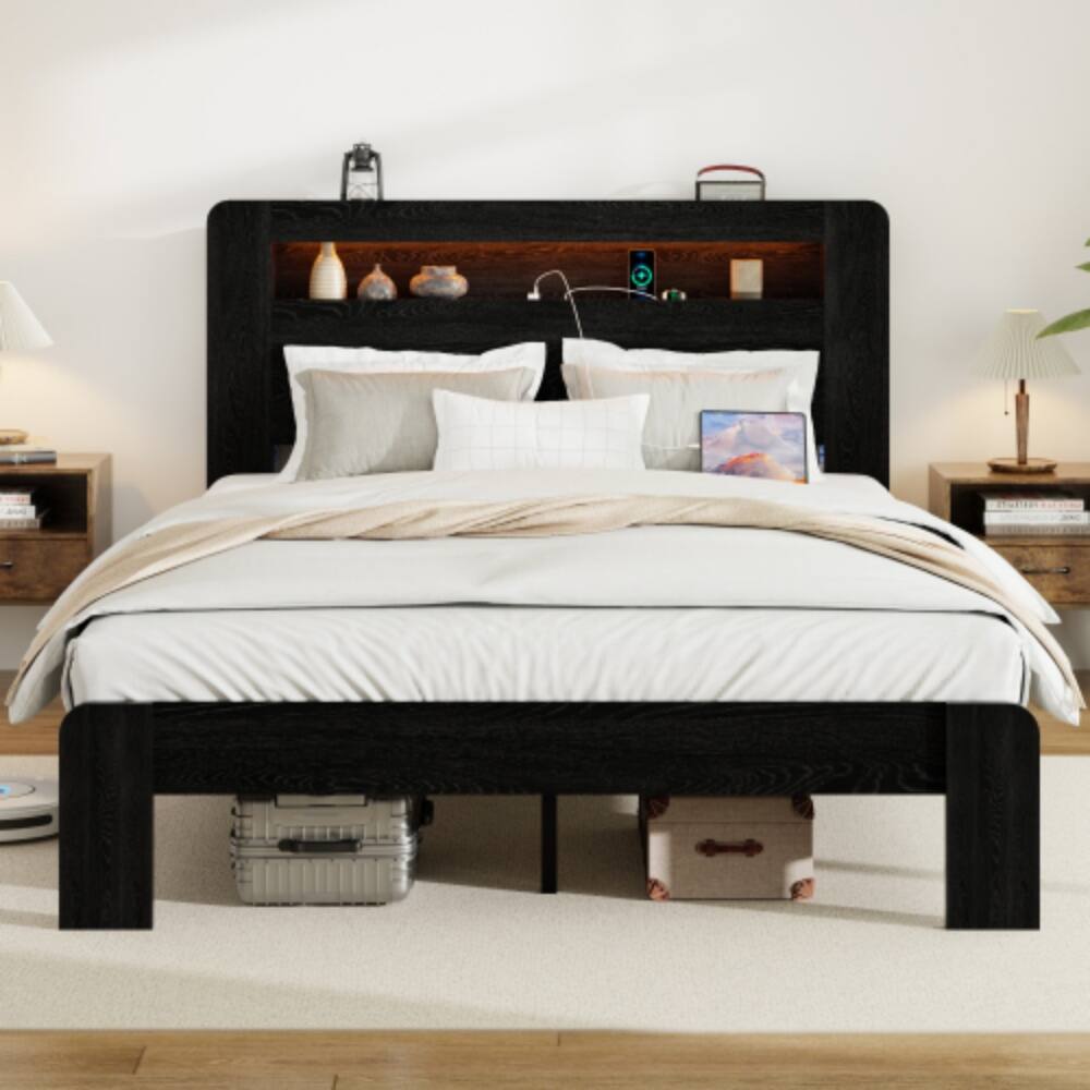 Angle. LUCKY ONE - Full Size Wood Platform Bed Frame with Storage LED Headboard, USB Charging, Wood Slats, No Box Spring Needed - Black.