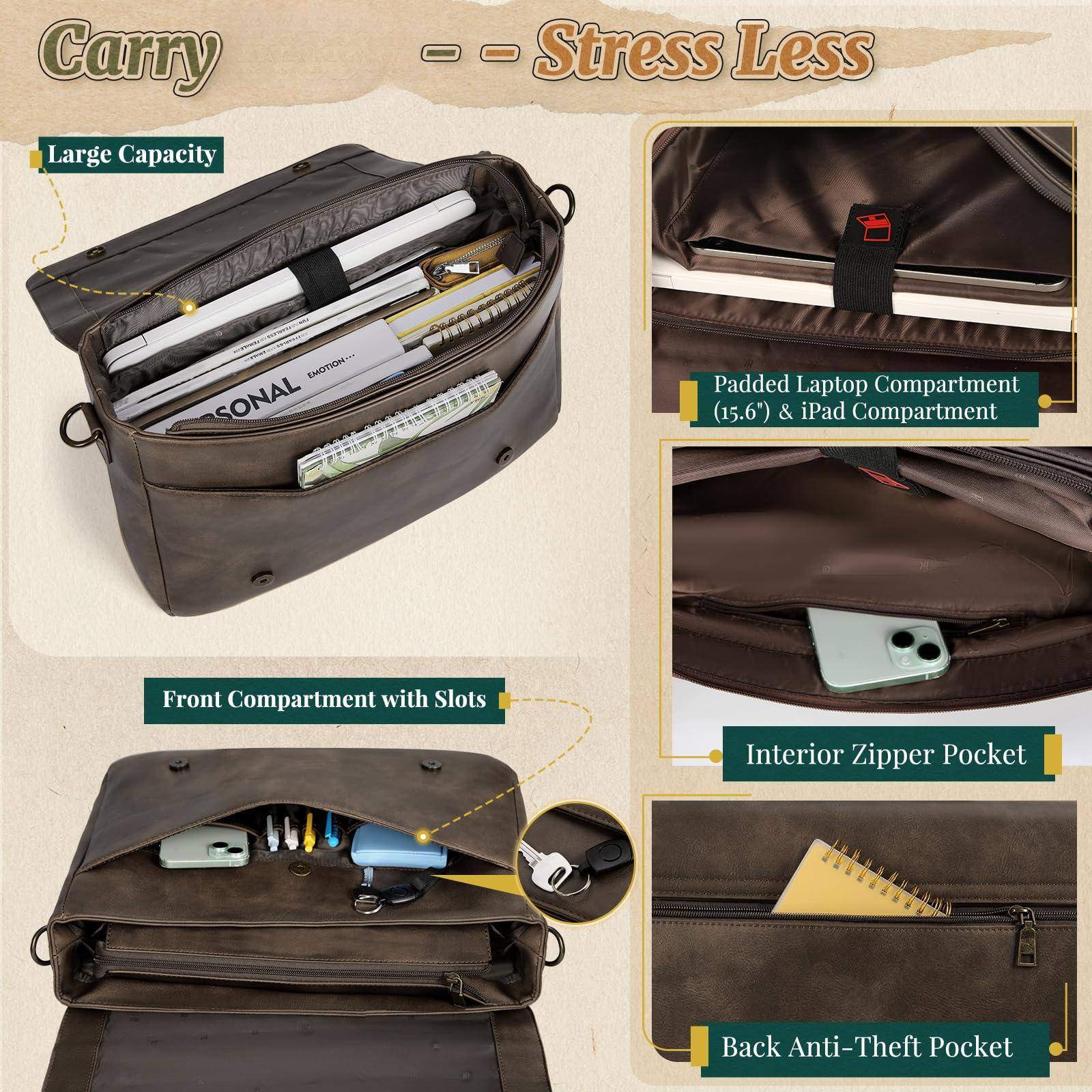 Carry  
Stress Less  

Large Capacity  

Padded Laptop Compartment (15.6") & iPad Compartment  

Front Compartment with Slots  

Interior Zipper Pocket  

Back Anti-Theft Pocket