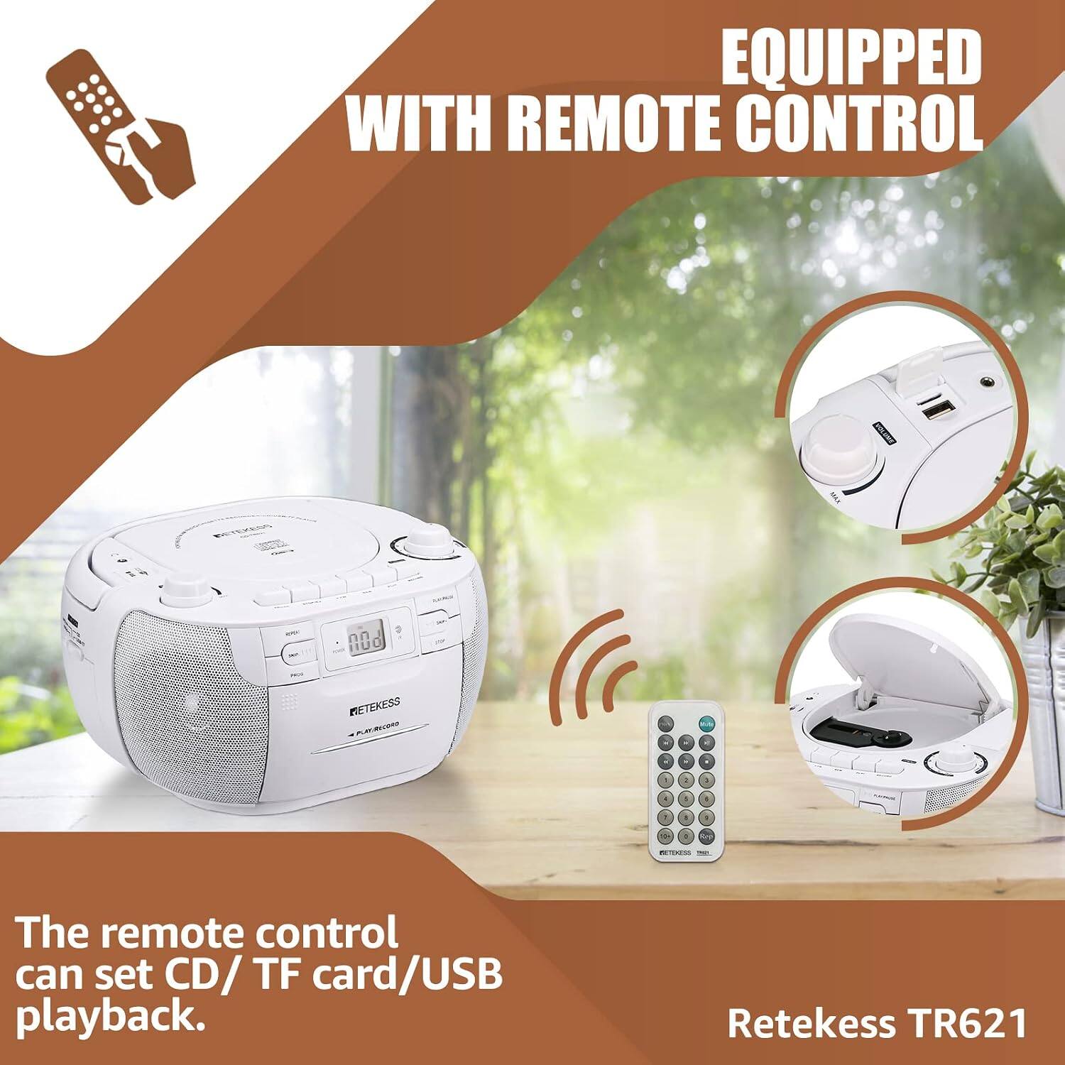 EQUIPPED WITH REMOTE CONTROL

BETEKESS
AO
ETEKESS PLAY RECORD

The remote control can set CD/ TF card/USB playback.

Retekess TR621