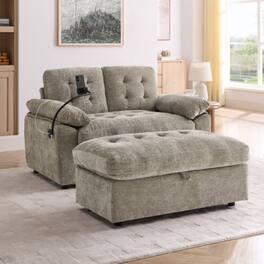 LUCKY ONE - Double Sofa Recliner w/ Manual Adjustable Backrest USB Port Phone Stand Storage Ottoman - Brown