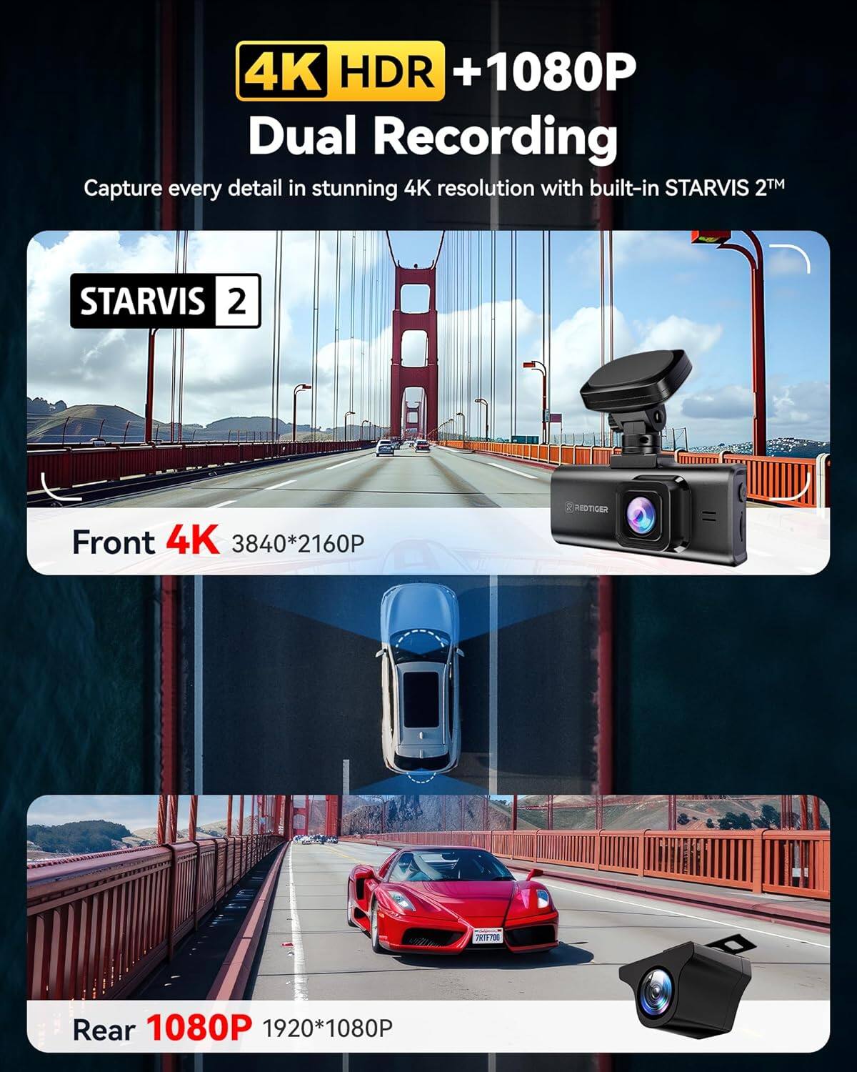 4K HDR + 1080P  
Dual Recording  

Capture every detail in stunning 4K resolution with built-in STARVIS 2™  

Front 4K  
3840*2160P  

Rear 1080P  
1920*1080P  

STARVIS 2