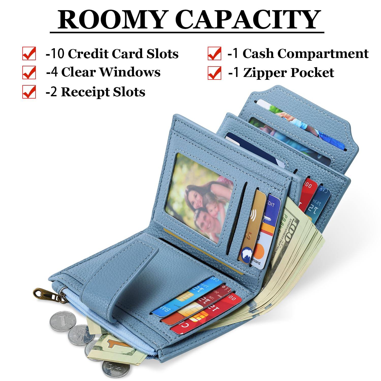 Left. Jadie Link - Small Wallet Women Rfid Blocking Soft Leather Bifold Compact Card Holder Zipper Pocket Window Compact Design, Carry Ease - Colorblock - Blue/Plum Red.