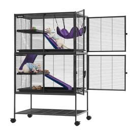 VEVOR - Metal Small Animal Cage 51.2"H 4-Tier Rolling Ferret Cage On Wheels, 0.55" Wire Spacing Large Cages with Hammock, Ramps - Black with Silver Coating