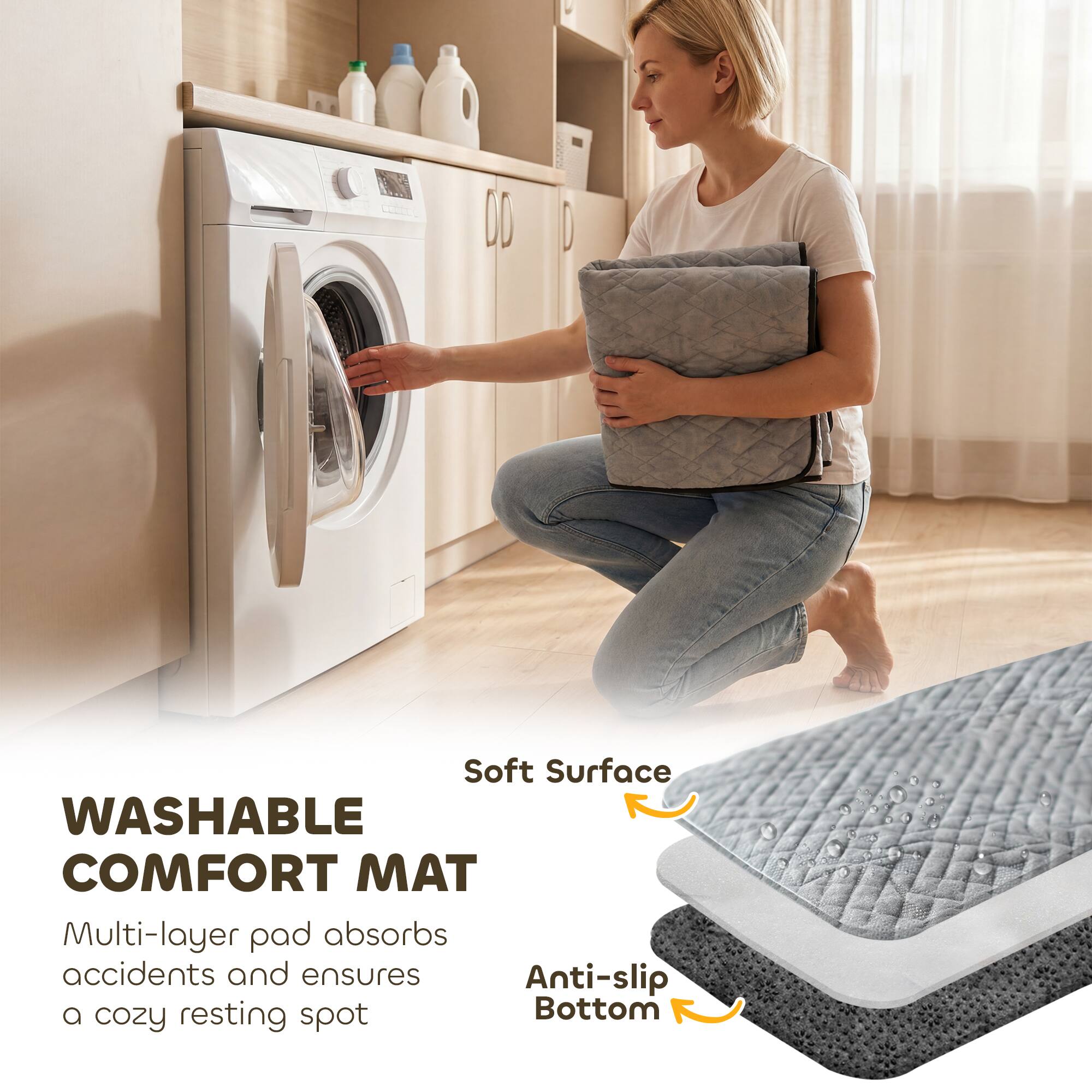 WASHABLE COMFORT MAT

Multi-layer pad absorbs accidents and ensures a cozy resting spot

Soft Surface

Anti-slip Bottom