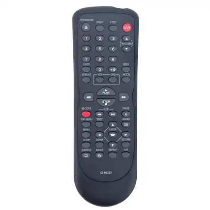 OPEN/CLOSE SPEED T-SET 1/O 1 2 3 TRACKING 4 5 6 7 SLAB CARET 8 9 JIFUL SELECT DISPLAY 0 VCR +10 DVD MODE PLAY STOP REC/IO/TR SKIP PAUSE D TOP MENU 09 AUDIO OX MENU ENTER SETUP ZOOM RETURN SUBTITLE ANGLE REPEAT A-B SE-RO323