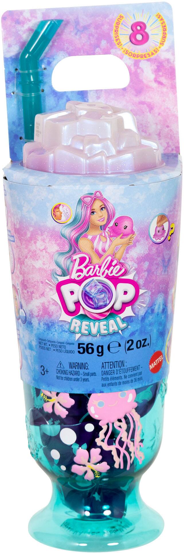 SURPRISES! 8 SUPPRESASI ISORPRESASE  
Barbie POP P P REVEAL  
impun Cunpa NET BT.  
Compok Compoto 2oz.)  
POOS PESO NETO e (2 NET PESO LQUIDO 56 g  
3+  
WARNING: ATTENTION: D'ETOUFFEMENT MATTEL  
CHOKING HAZARD-Small parts DANGER  
convent ps Vct Ir chidren Petits lments.  
Ne mos under 3 years. de 36 enfants de moins aux