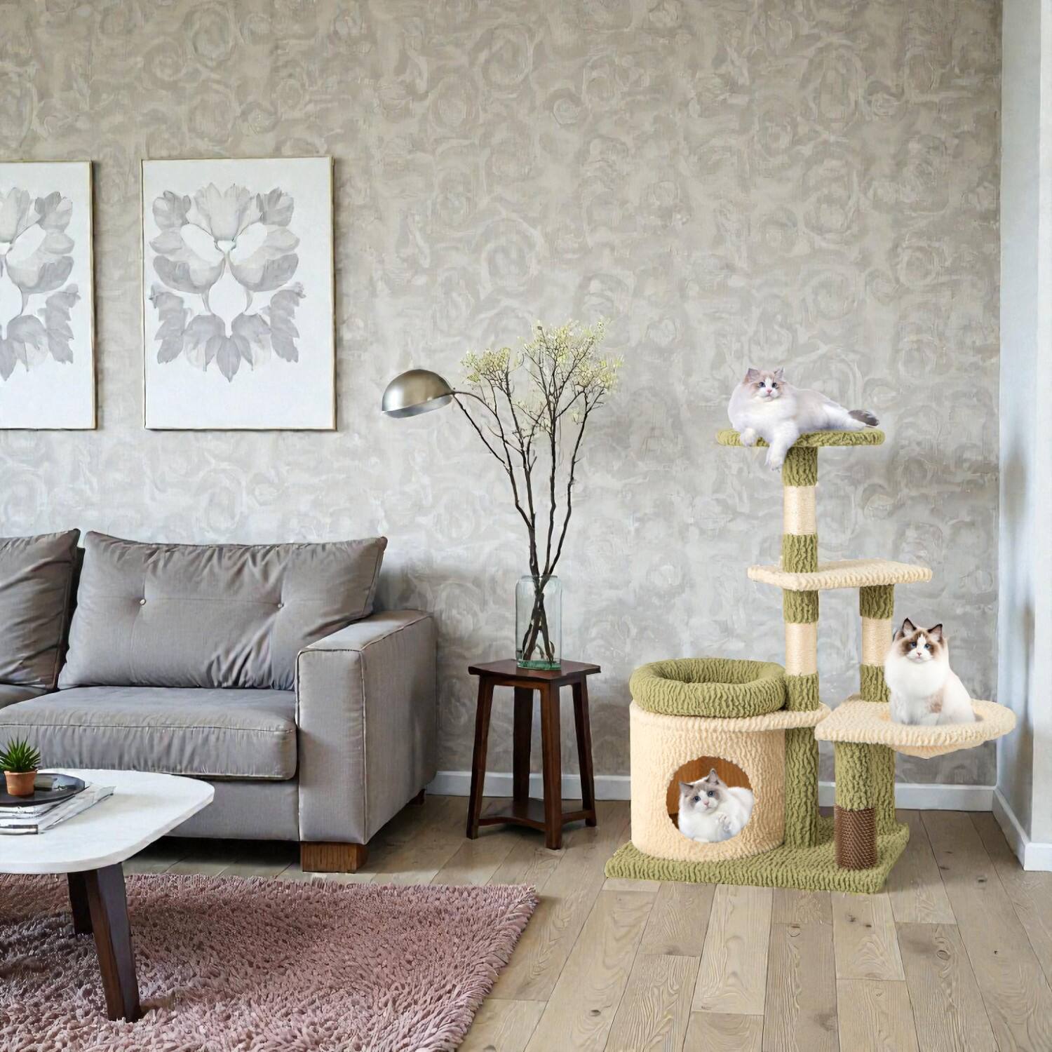 Front. BreeBe - 38" Multi-Tier Aesthetic Kitten Tower with Cozy Condo and Soft Bed - Green.