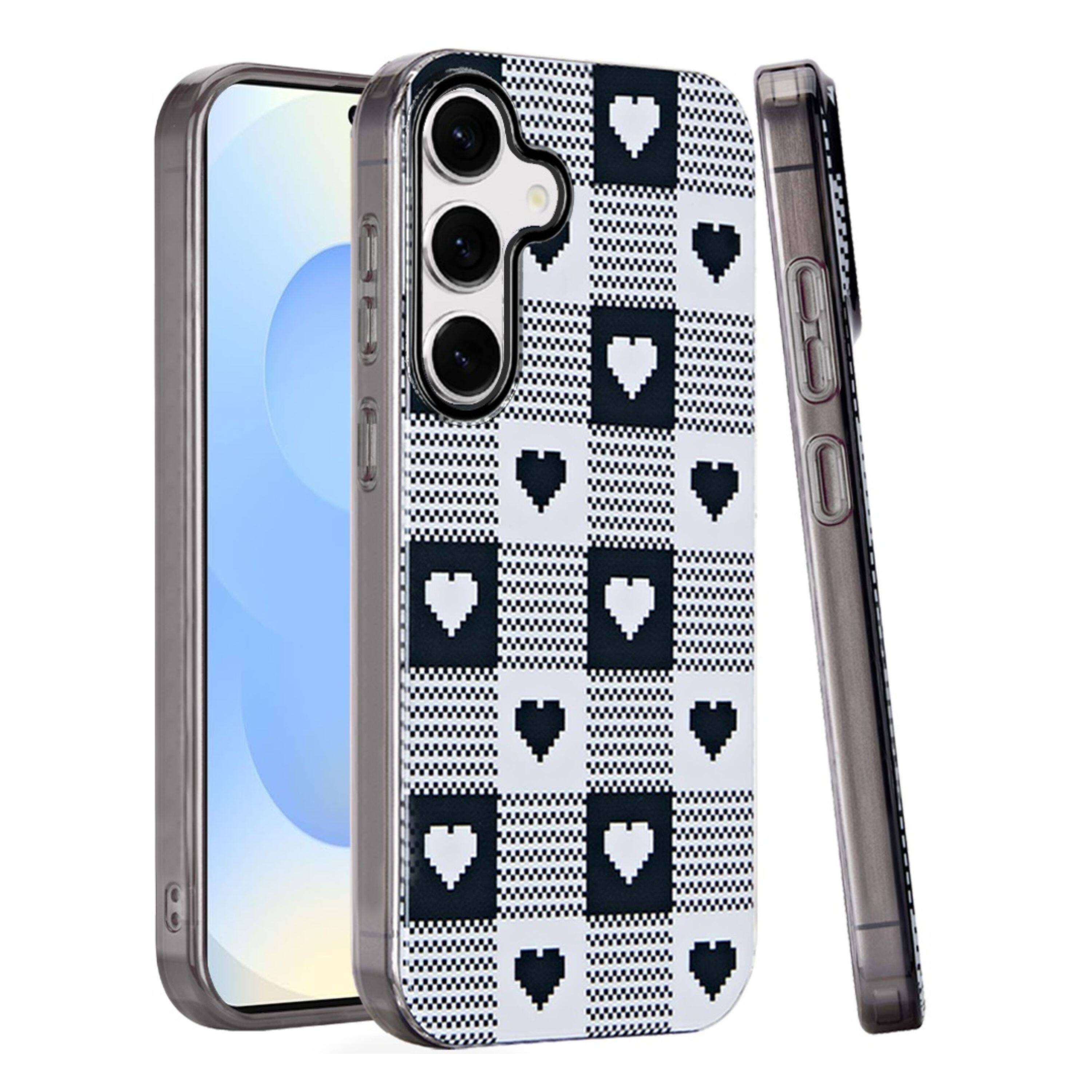 Angle. Kitcheniva - Layer In Mold Design TPU Case With Tempered Glass For Samsung S25/S24 Checker Hearts - Black White.