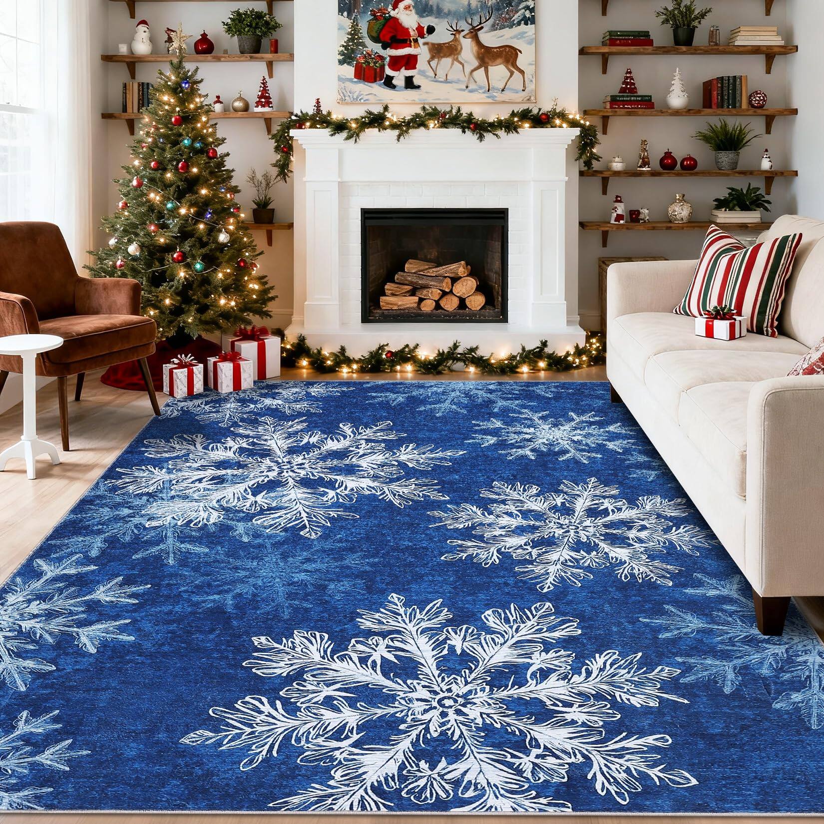 Jojoka 9x12ft Christmas Snowflakes Printed Area Rug Washable Non Slip ...