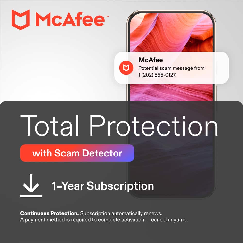 McAfee - Total Protection with Scam Detector (3-Device) (1-Year Subscription with Auto-Renewal) [Digital] - Android, Apple iOS [Digital]