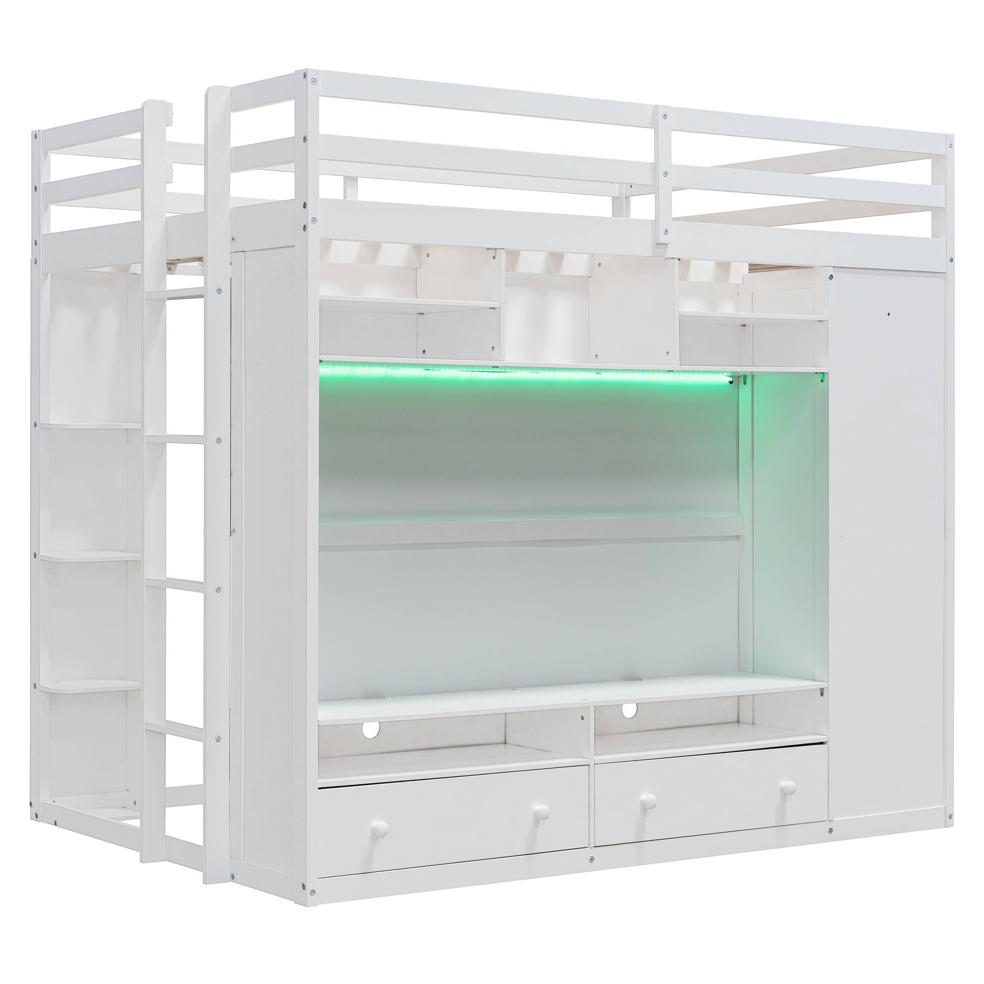 Back. Anysun - Full size Loft Bed with Drawers, Shelves and Light - White.