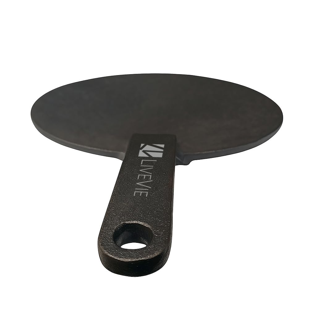 Angle. Amber Sporting Goods - LIVEVIE 10" Concave Cast Iron Skillet Tawa, Pre-Seasoned Griddle Pan with 5.5" Handle - Black.