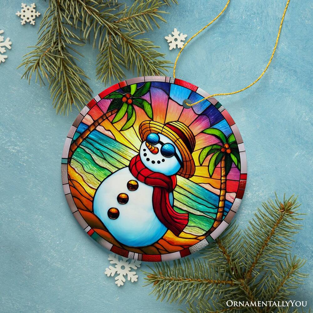 Back. OrnamentallyYou - Tropical Holiday Sunset Snowman Ornament Vibrant Beach Christmas Keepsake - Multi-colored.