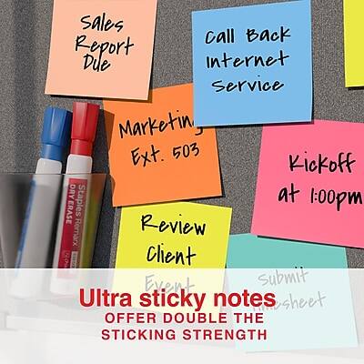 - Sales Report Due
- Call Back Internet Service
- Marketing Ext. 503
- Kickoff at 1:00pm
- Review Client
- Event submit sheet
- Ultra sticky notes OFFER DOUBLE THE STICKING STRENGTH