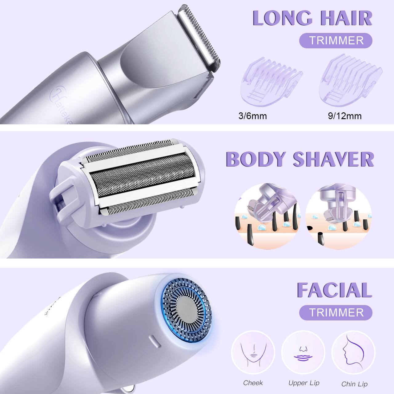 Haneke
LONG HAIR TRIMMER 3/6mm 9/12mm BODY SHAVER
FACIAL TRIMMER
Cheek
Upper Lip
Chin Lip