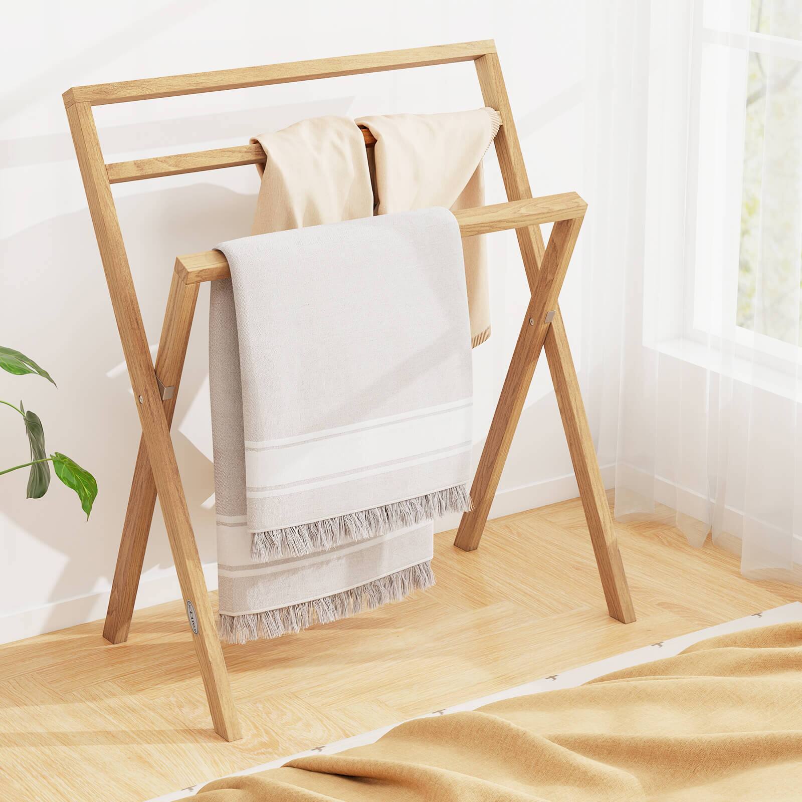 Alt View 3. Costway - Costway Freestanding Towel Rack Foldable Teak Wood Blanket Holder with 3 Hanging Crossbars - Beige.