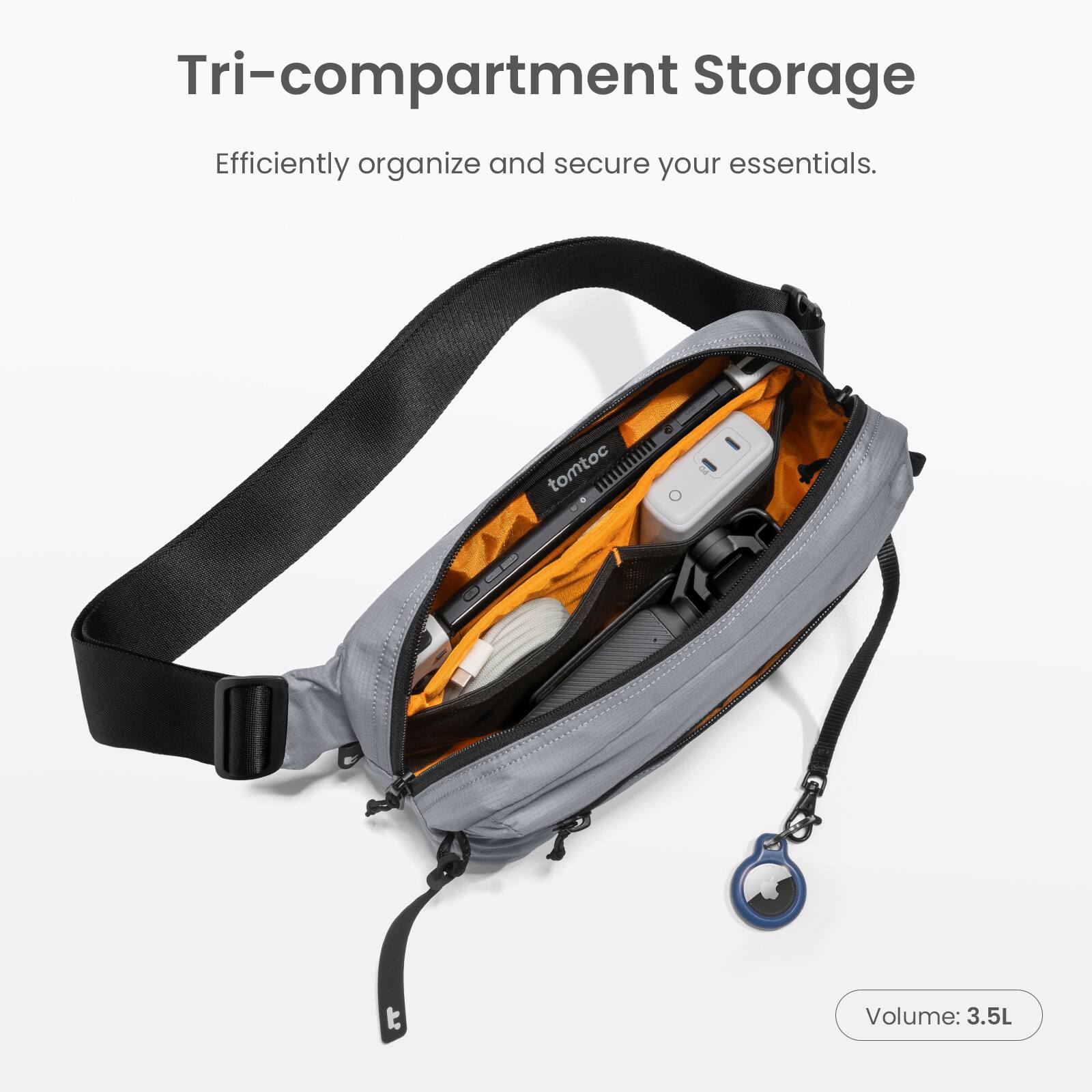 Tri-compartment Storage: Efficiently organize and secure your essentials. tomtoc T. 3.5L Volume.