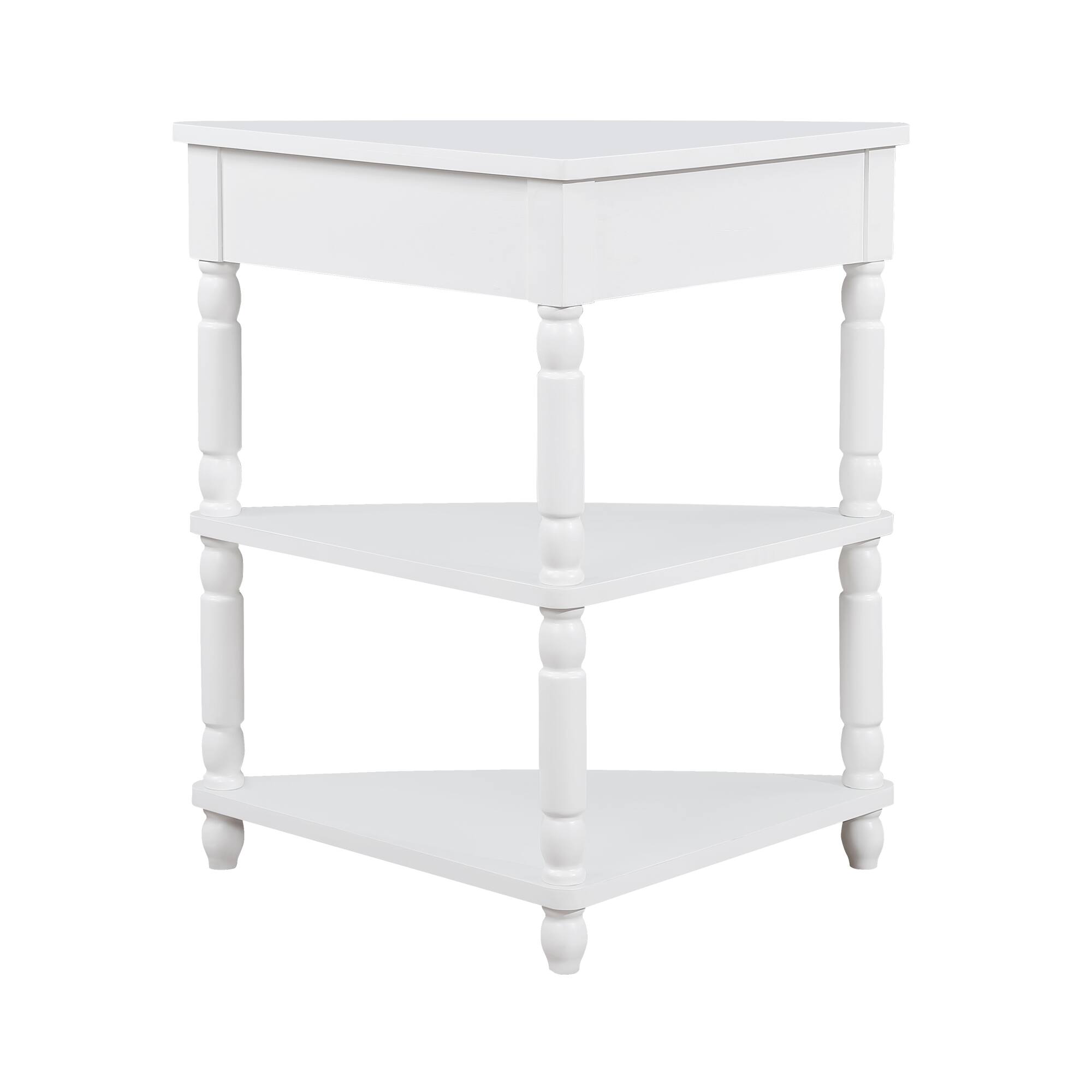 Back. GOODSILO - Compact Triangular Corner Table with Three Tiers for Space-Saving Storage and Display - Milk White.