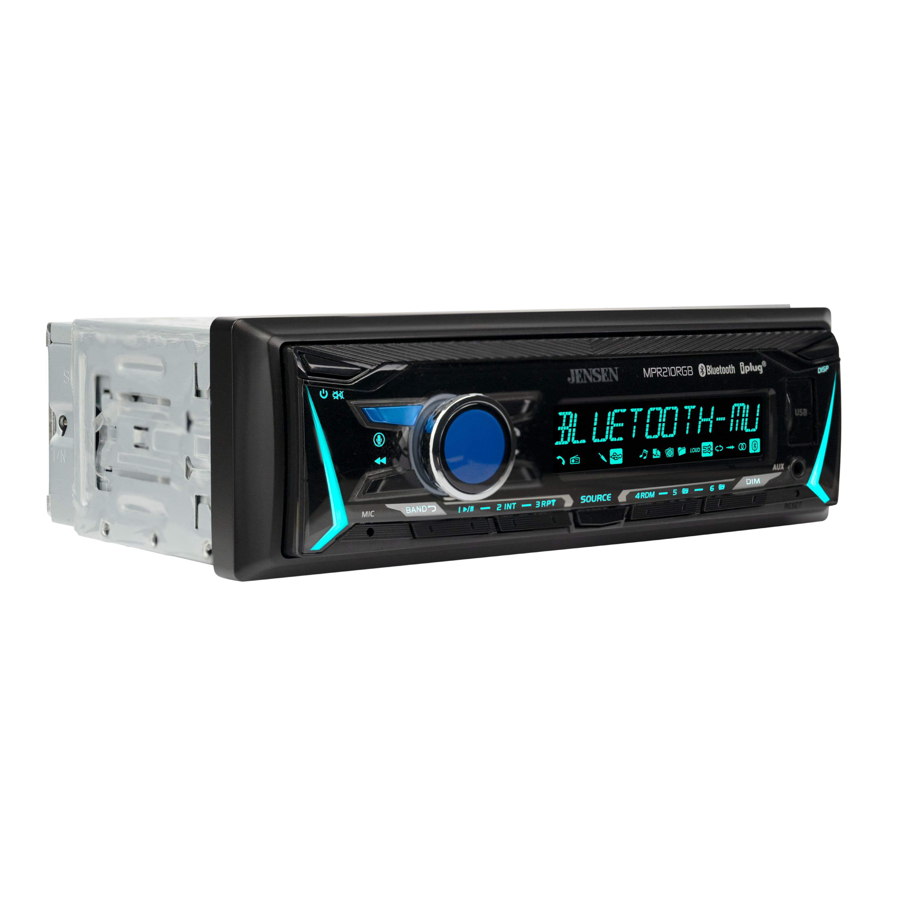 Jensen - Single DIN Car Stereo Radio Receiver | 12-Character LCD | RGB Custom Colors | Bluetooth | USB | AM/FM | Voice Assistant - Black