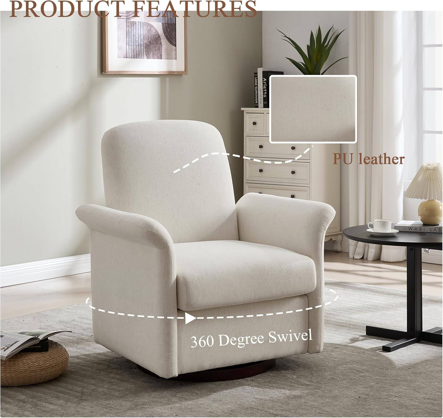 PRODUCT FEATURES

- Arletta E
- PU leather
- WABI SABI
- 360 Degree Swivel