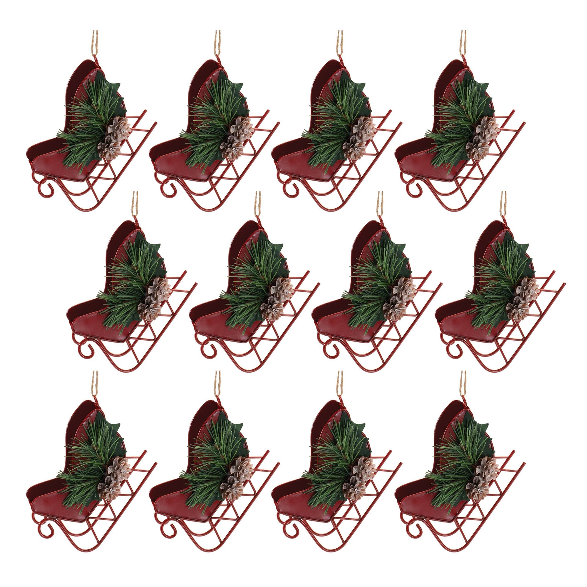 Left. BreeBe - Metal Sleigh Ornament (Set of 12) - Red, Green.