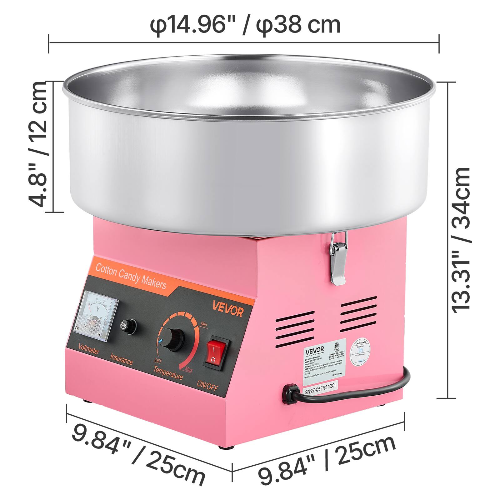 14.96" / 38 cm  
4.8" / 12 cm  
9.84" / 25 cm  
13.31" / 34 cm  

Cotton Candy Makers  
VEVOR  
Voltmeter  
Insurance  
Temperature ON/OFF