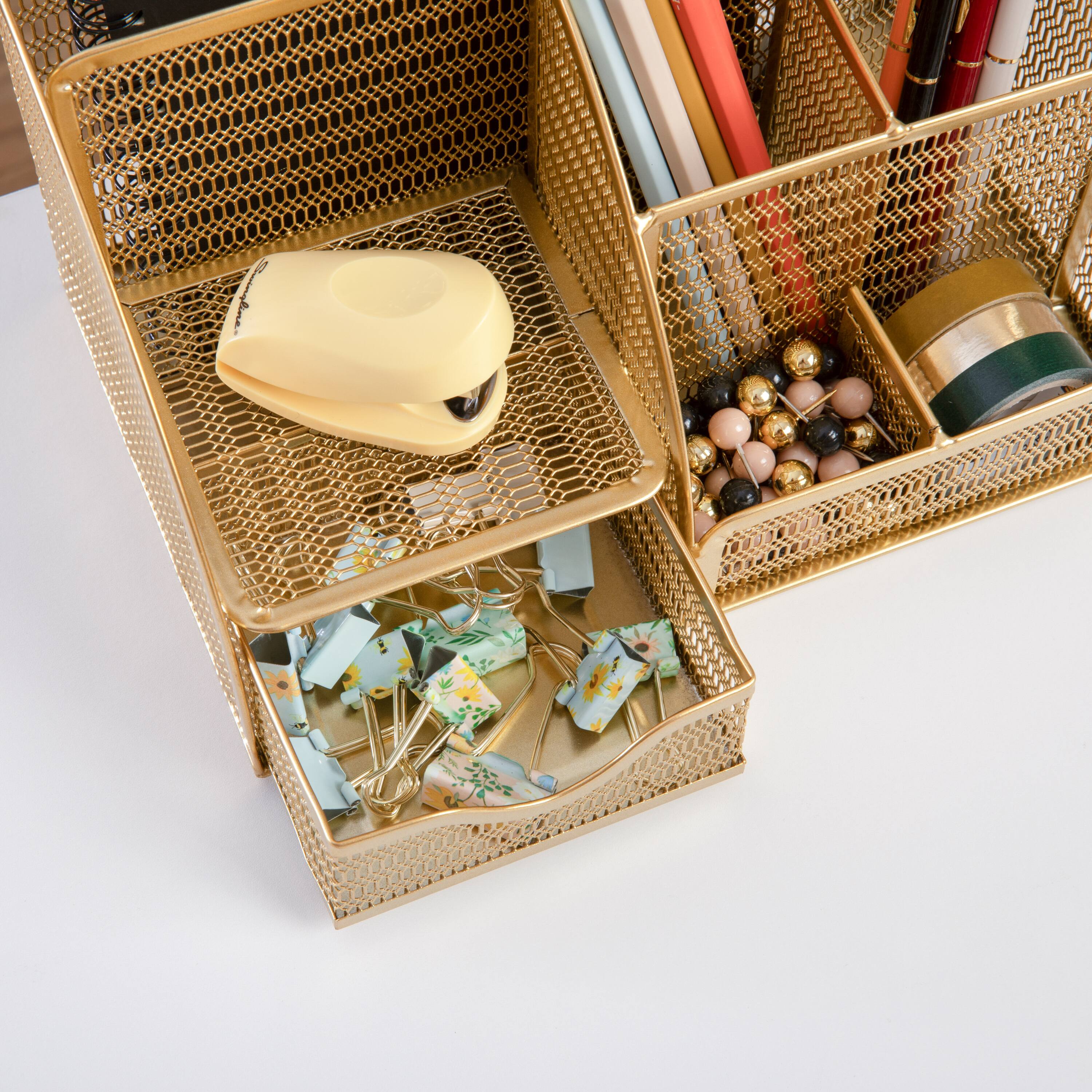 Alt View 14. Martha Stewart - Ryder Premium Mesh Metal Small Desktop Organizer With Drawer - Gold.