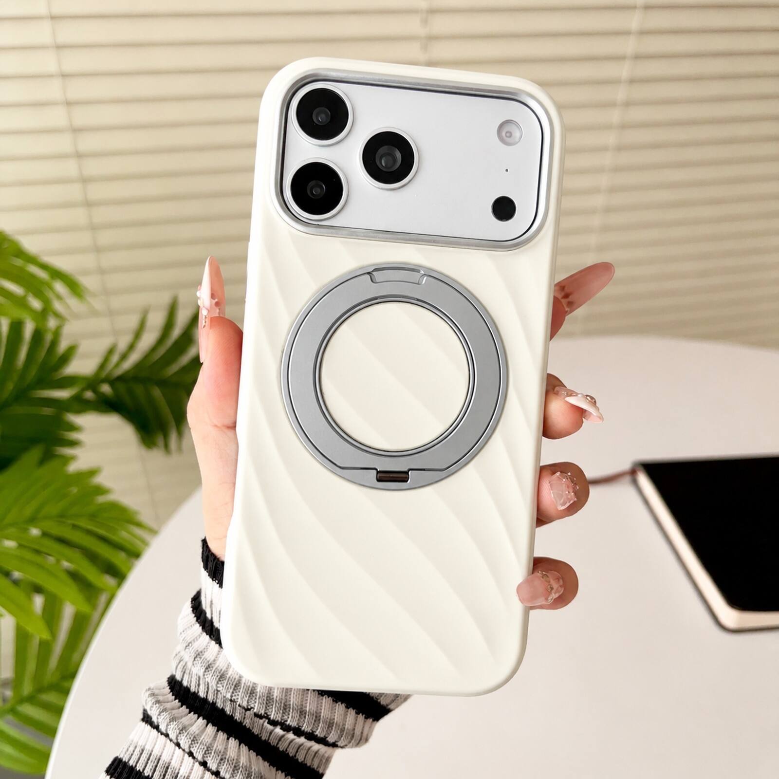 Back. Dteck - For iPhone 18 Pro Max Liquid Silicone Magnetic Case Compatible With Magsafe,Soft Rubber Wave-Shape Ring Kickstand Cover - Beige.