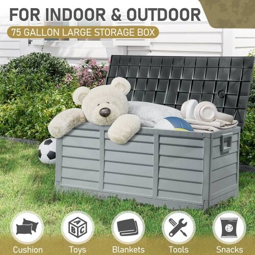 FOR INDOOR & OUTDOOR  
75 GALLON LARGE STORAGE BOX  

Cushion  
Toys  
Blankets  
Tools  
Snacks