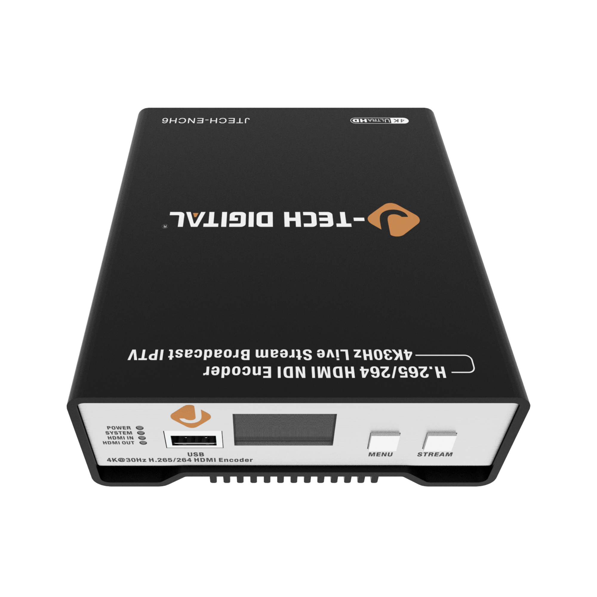 JTECH-ENCH6 OE ULTRA HF DIGITAL -TECH IPTV Broadcast Stream Live 4K30Hz Encoder NDI HDMI H.265/264 POWER SYSTEM HDMI OUT USB MENU STREAM