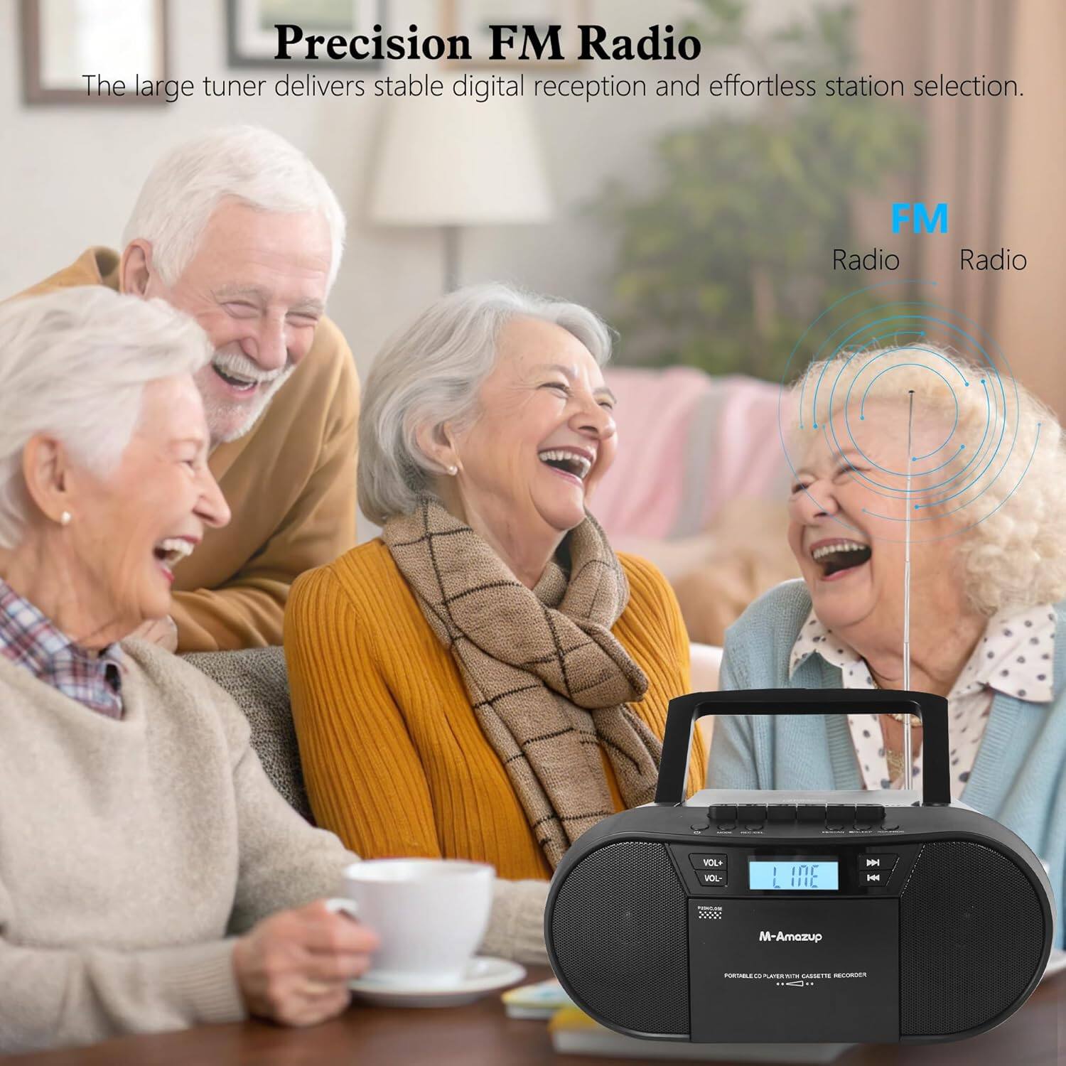 Precision FM Radio  
The large tuner delivers stable digital reception and effortless station selection.  

FM Radio  
FM Radio  

M-Amozup  
FORME CO. - PORTATILE MAGNETIC TAPE RECORDER
